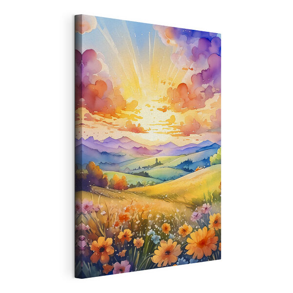 Un dipinto raffigurante un paesaggio con montagne e fiori Quadri Un dipinto raffigurante un paesaggio con montagne e fiori