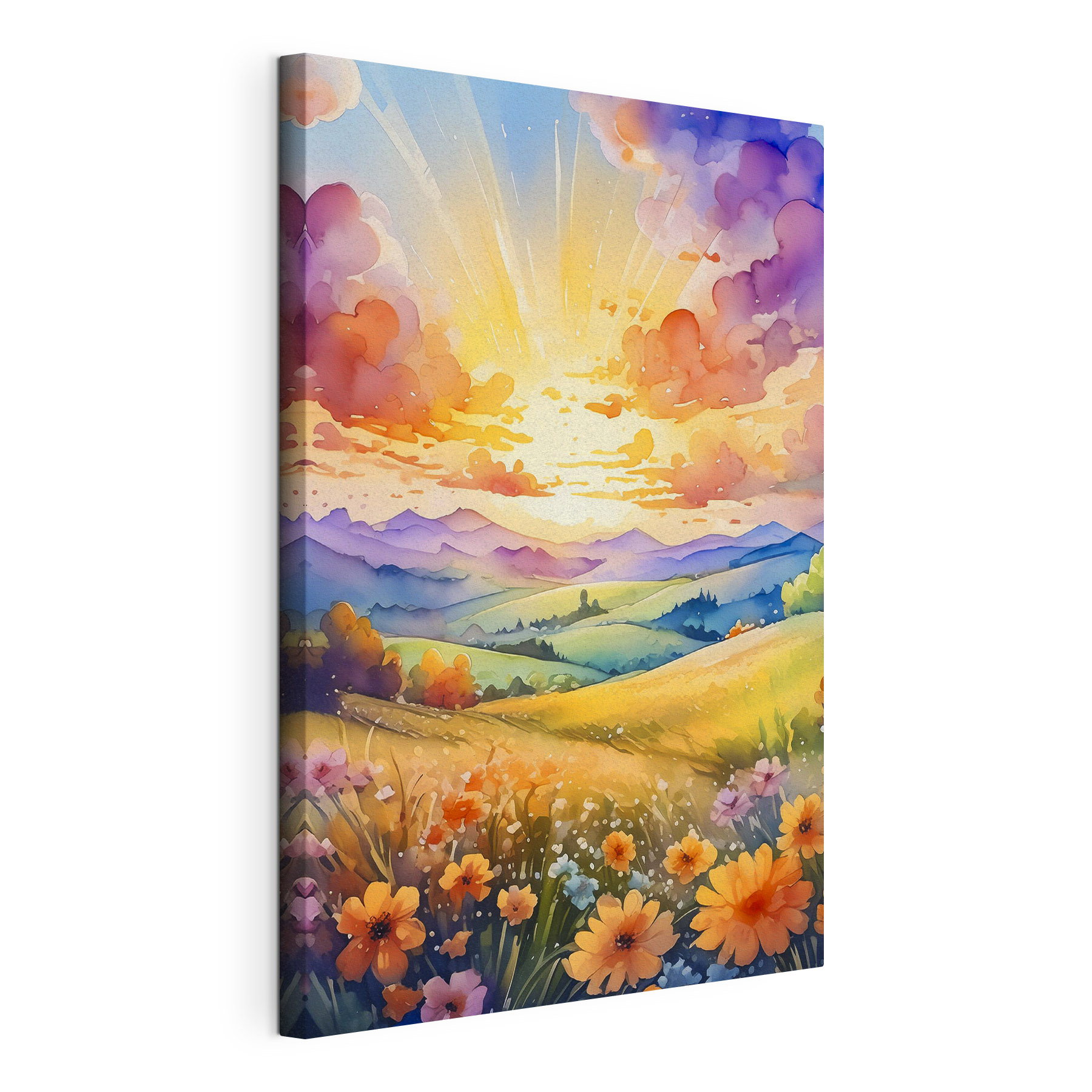 A painting of a landscape with mountains and flowers A painting of a landscape with mountains and flowers