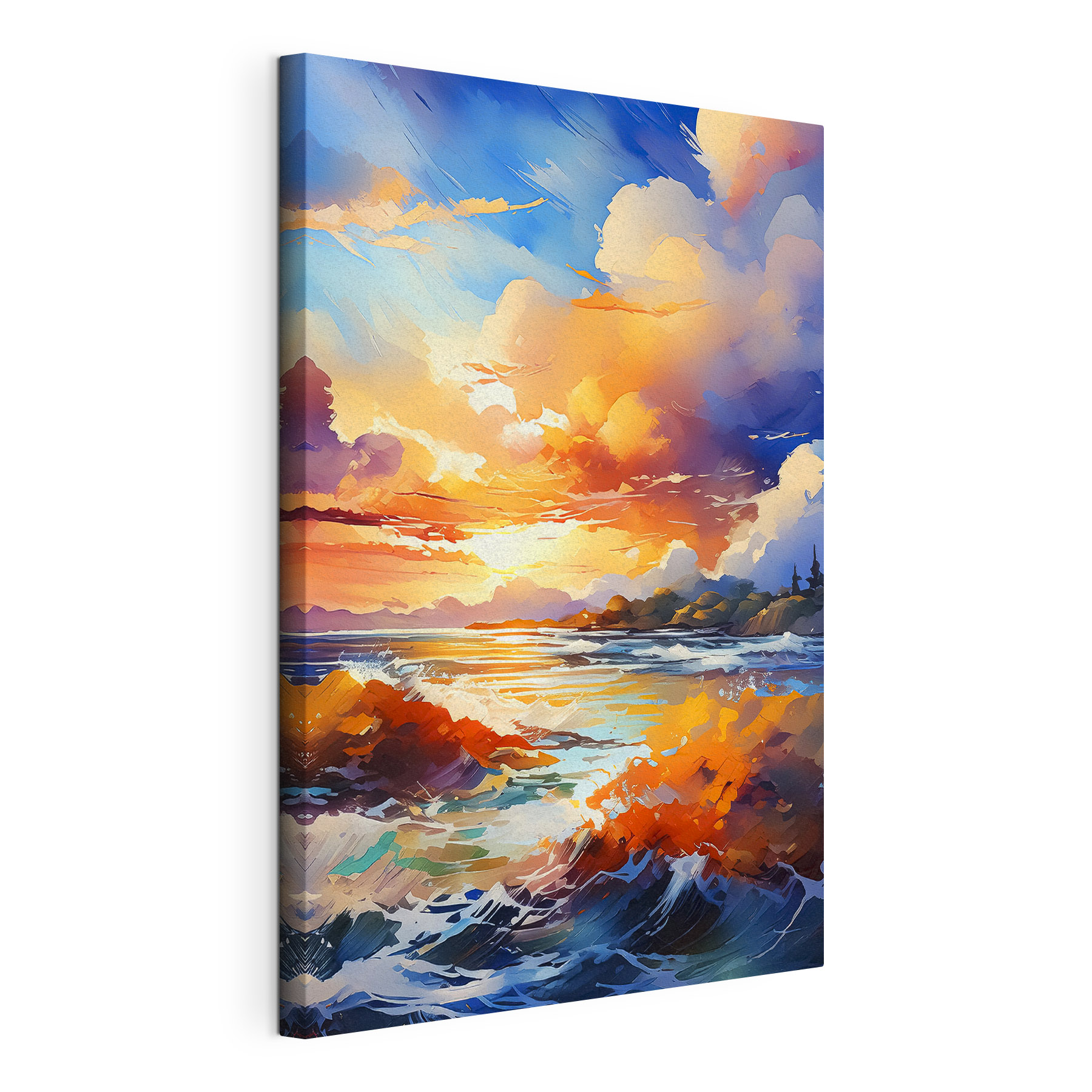A painting of a beach with a sunset