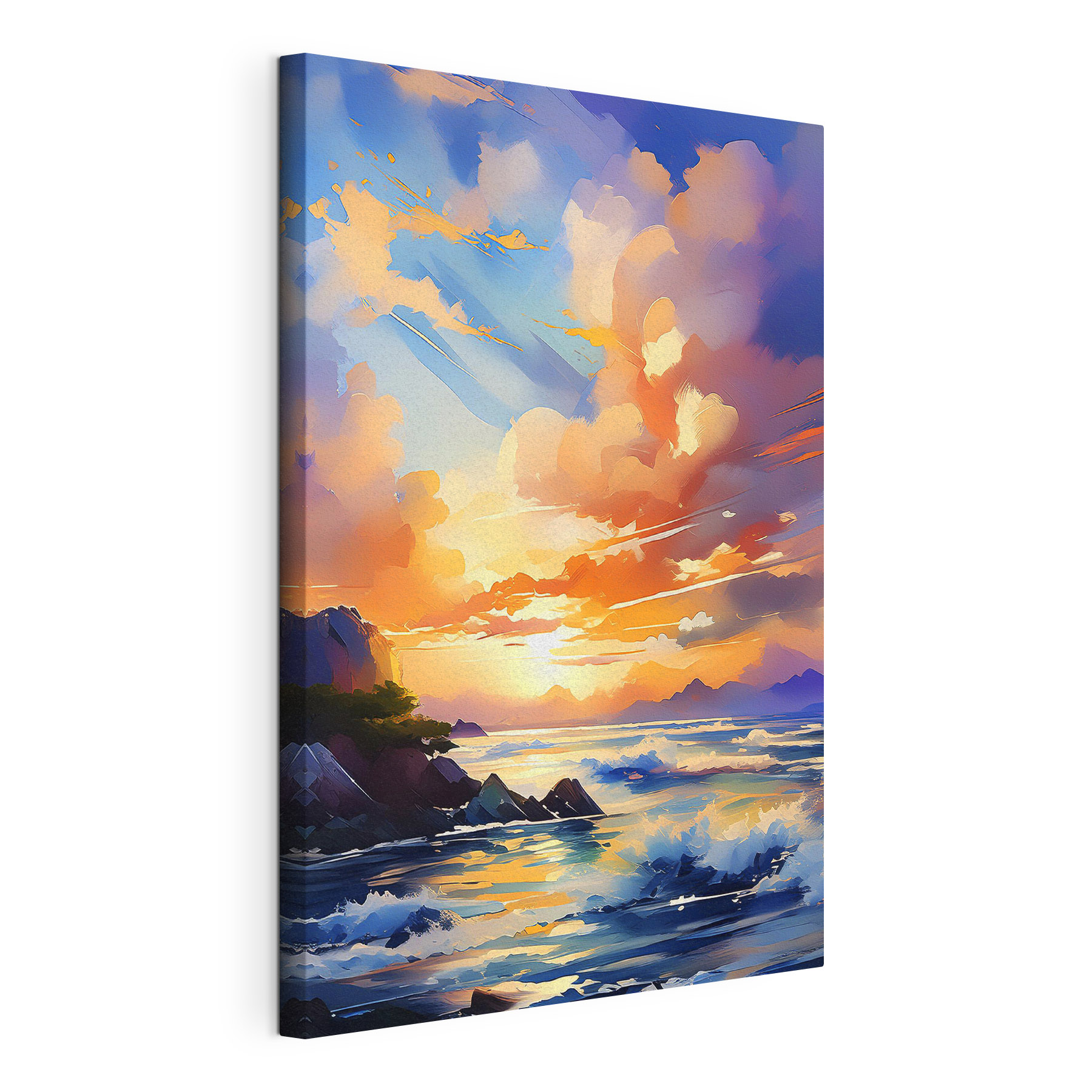 A painting of a sunset over a body of water