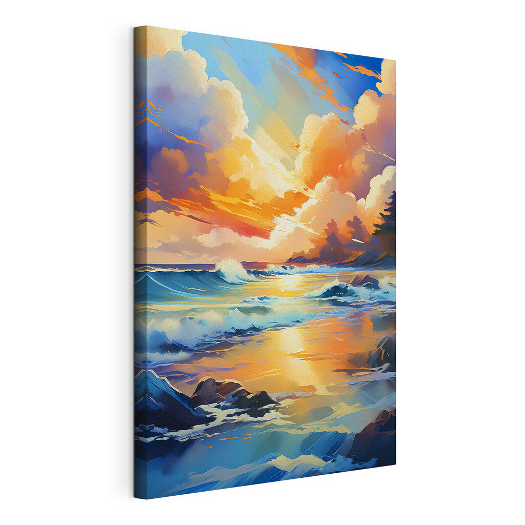 A painting of a beach with waves and rocks A painting of a beach with waves and rocks