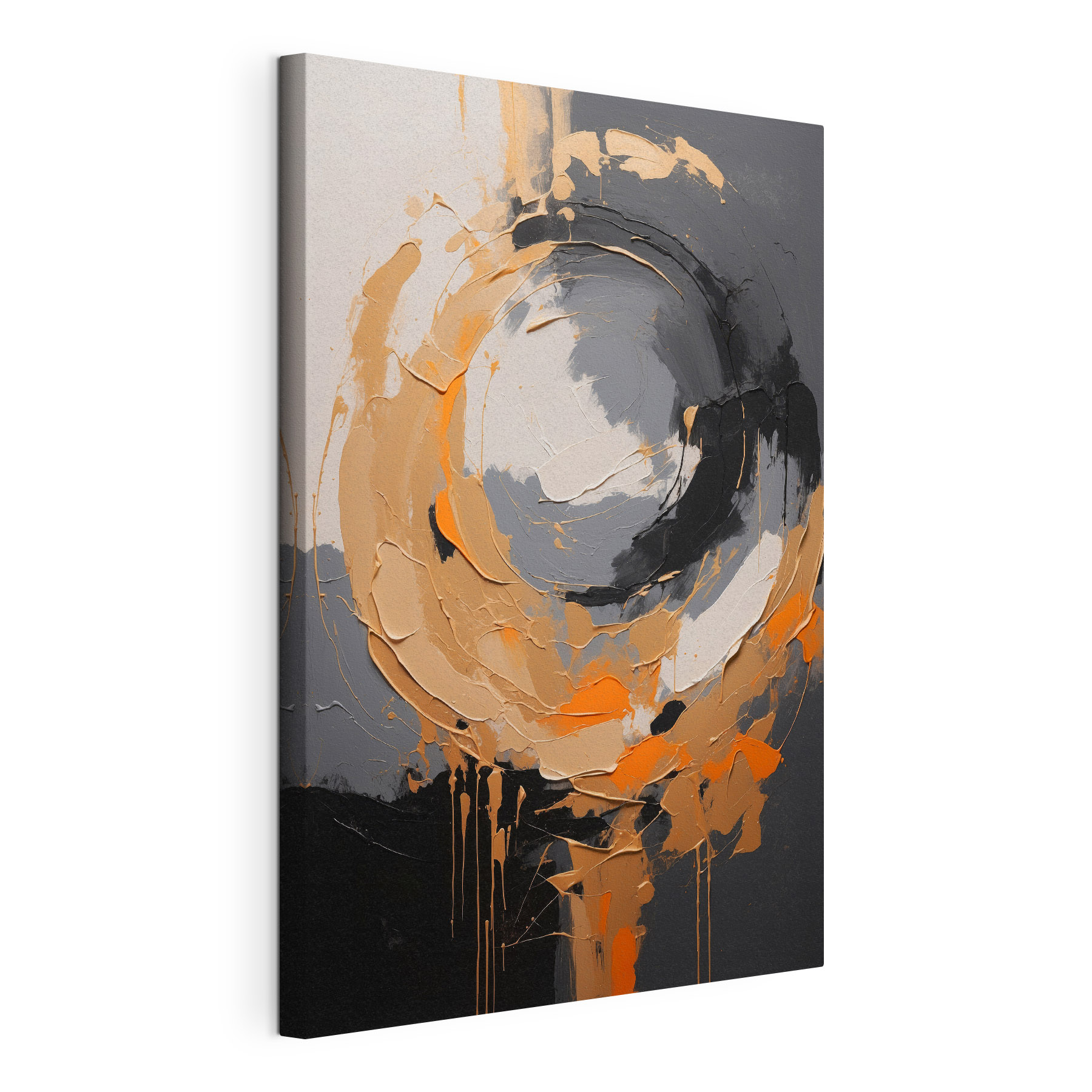 A painting of a circle with orange and grey paint A painting of a circle with orange and grey paint