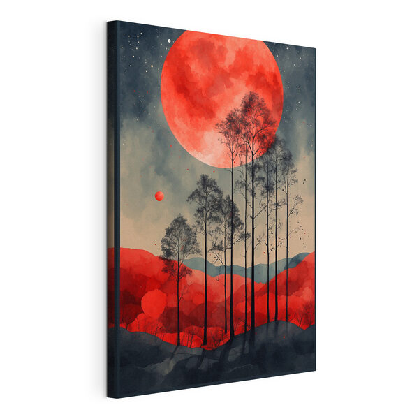 Un dipinto raffigurante degli alberi e una luna rossa Quadri Un dipinto raffigurante degli alberi e una luna rossa