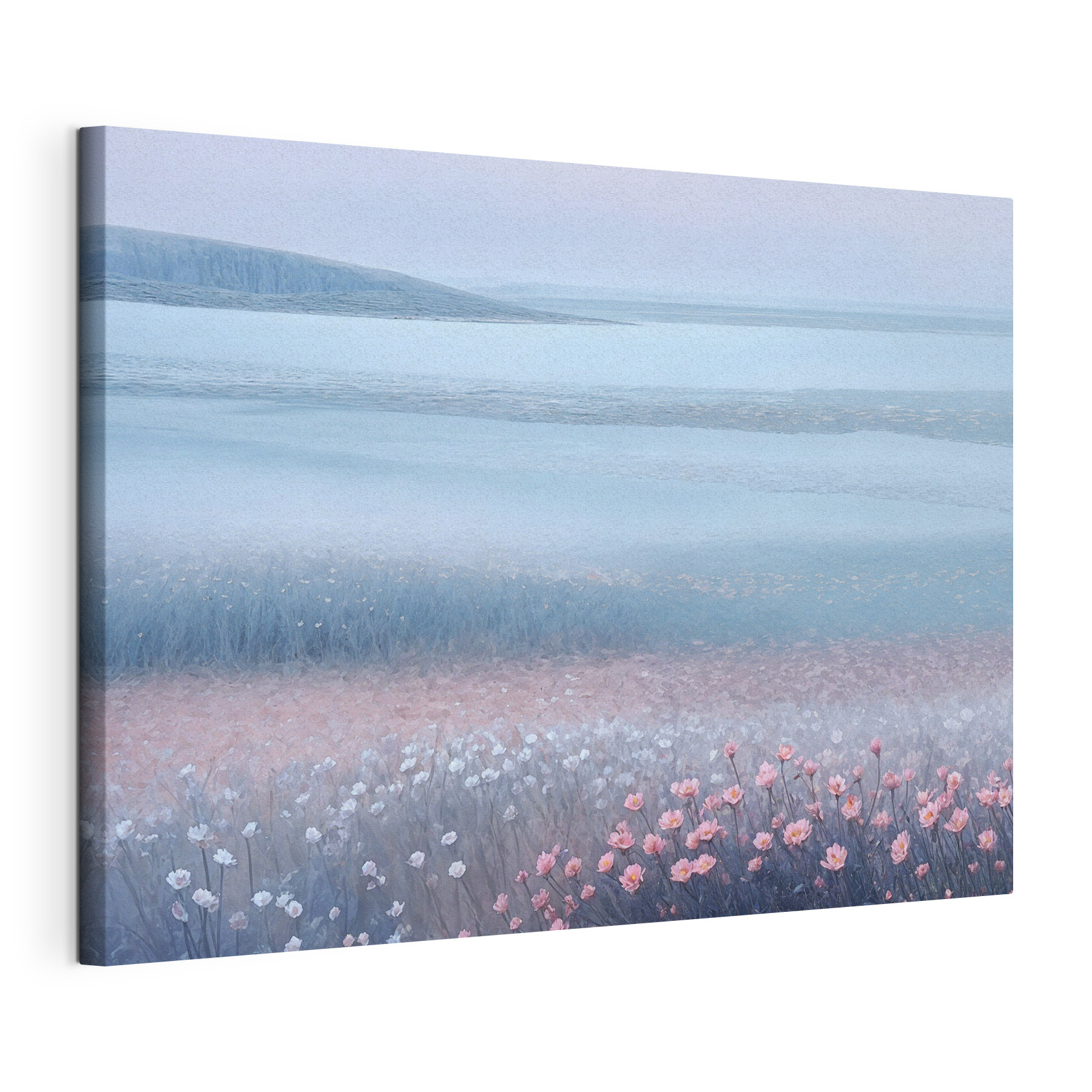 A field of flowers by a body of water