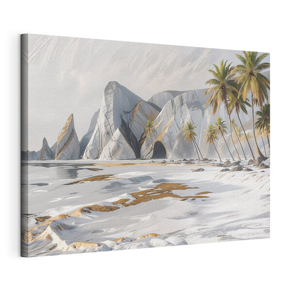 Una spiaggia innevata con palme e montagne Quadri Una spiaggia innevata con palme e montagne