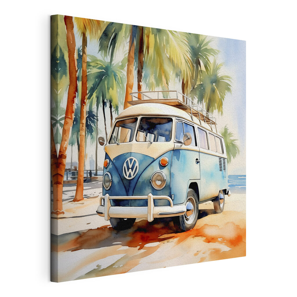 A watercolor of a van parked on a beach A watercolor of a van parked on a beach