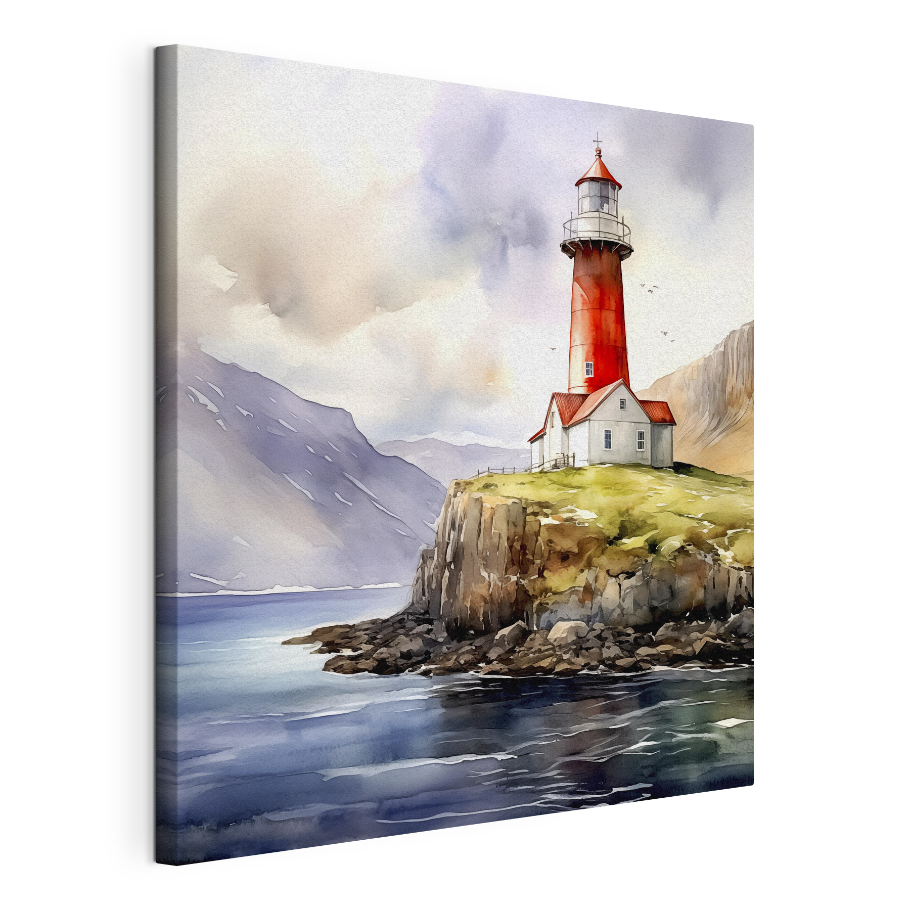 A watercolor painting of a lighthouse on a cliff