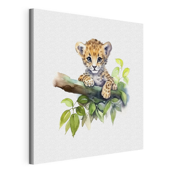 Un acquerello raffigurante un cucciolo di leopardo su un ramo d'albero Quadri Un acquerello raffigurante un cucciolo di leopardo su un ramo d'albero