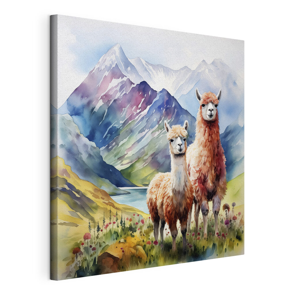 Watercolor painting of llamas in front of mountains and water