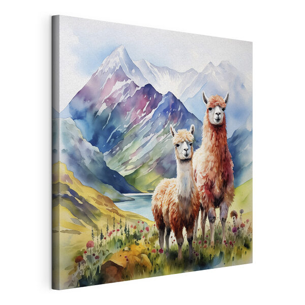 Acquerello raffigurante dei lama davanti a montagne e acqua Quadri Acquerello raffigurante dei lama davanti a montagne e acqua