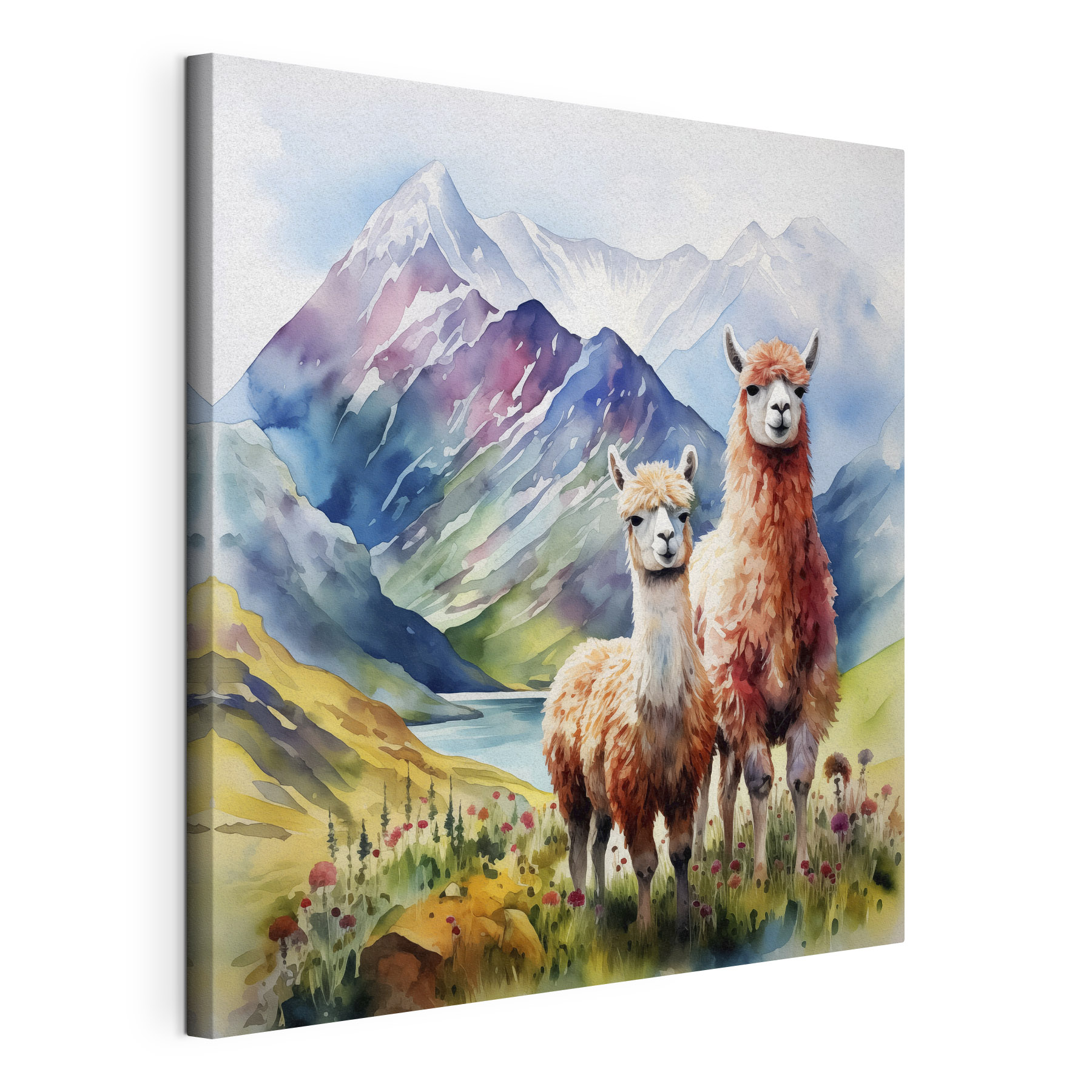 Watercolor painting of llamas in front of mountains and water