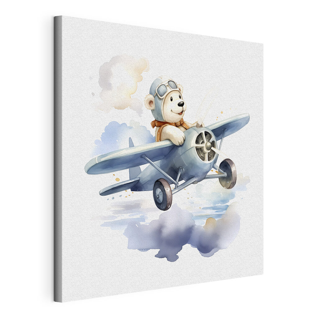 A cartoon bear in a pilot hat flying in an airplane