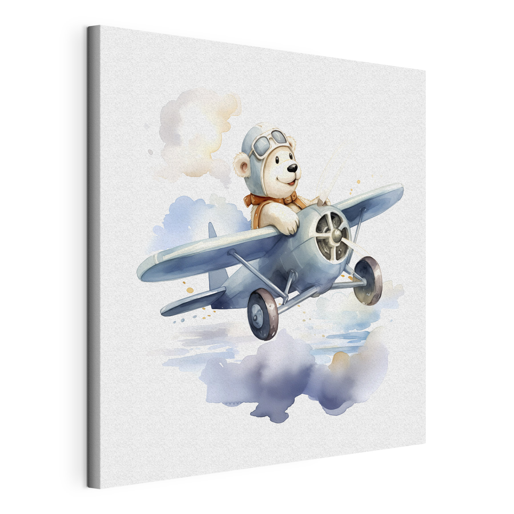 A cartoon bear in a pilot hat flying in an airplane