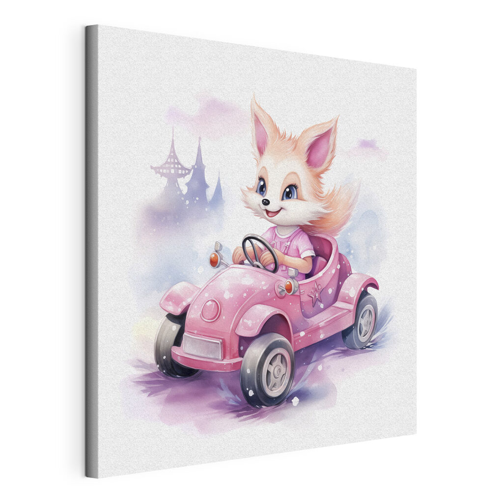 A cartoon fox driving a pink car A cartoon fox driving a pink car