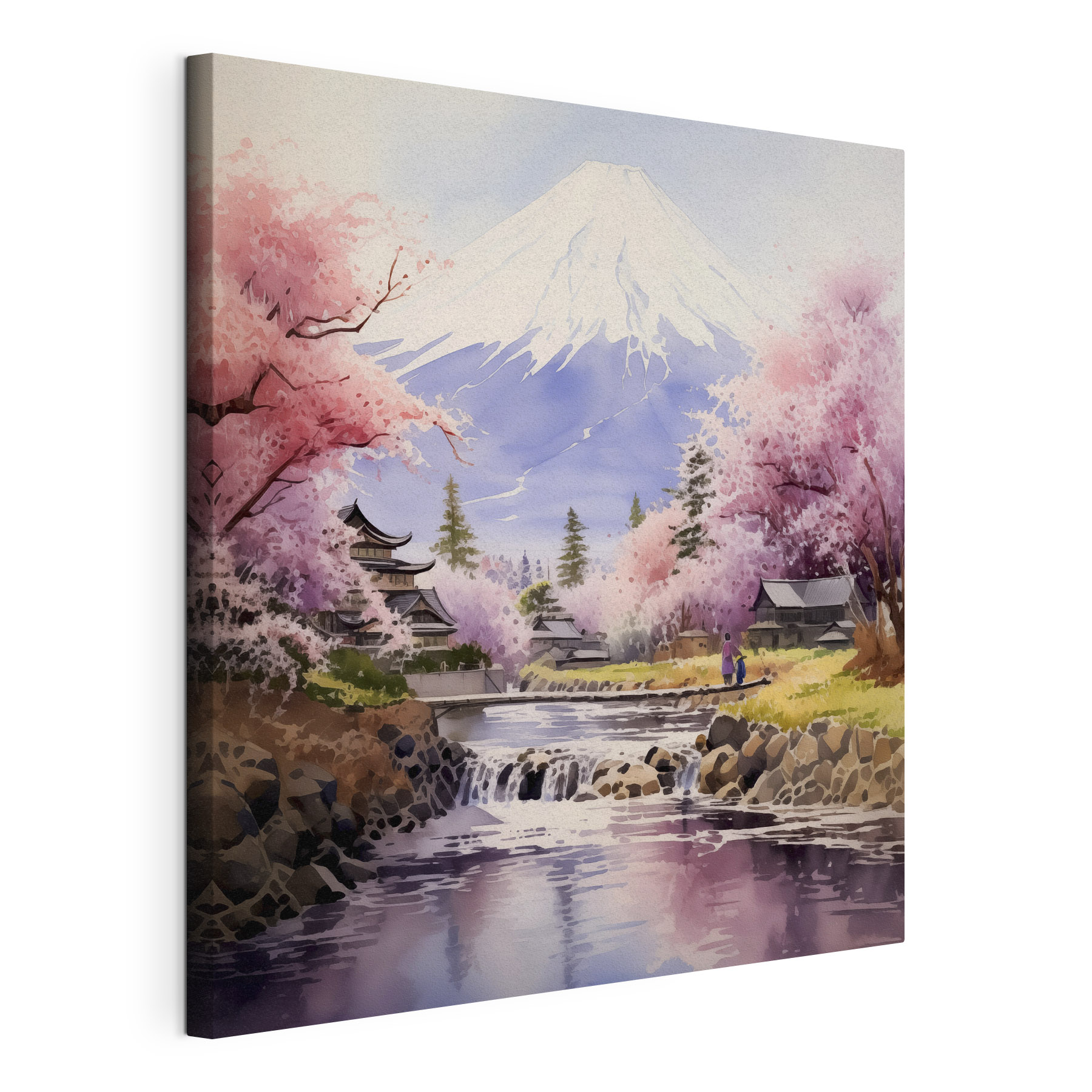 A watercolor of a river with a mountain in the background