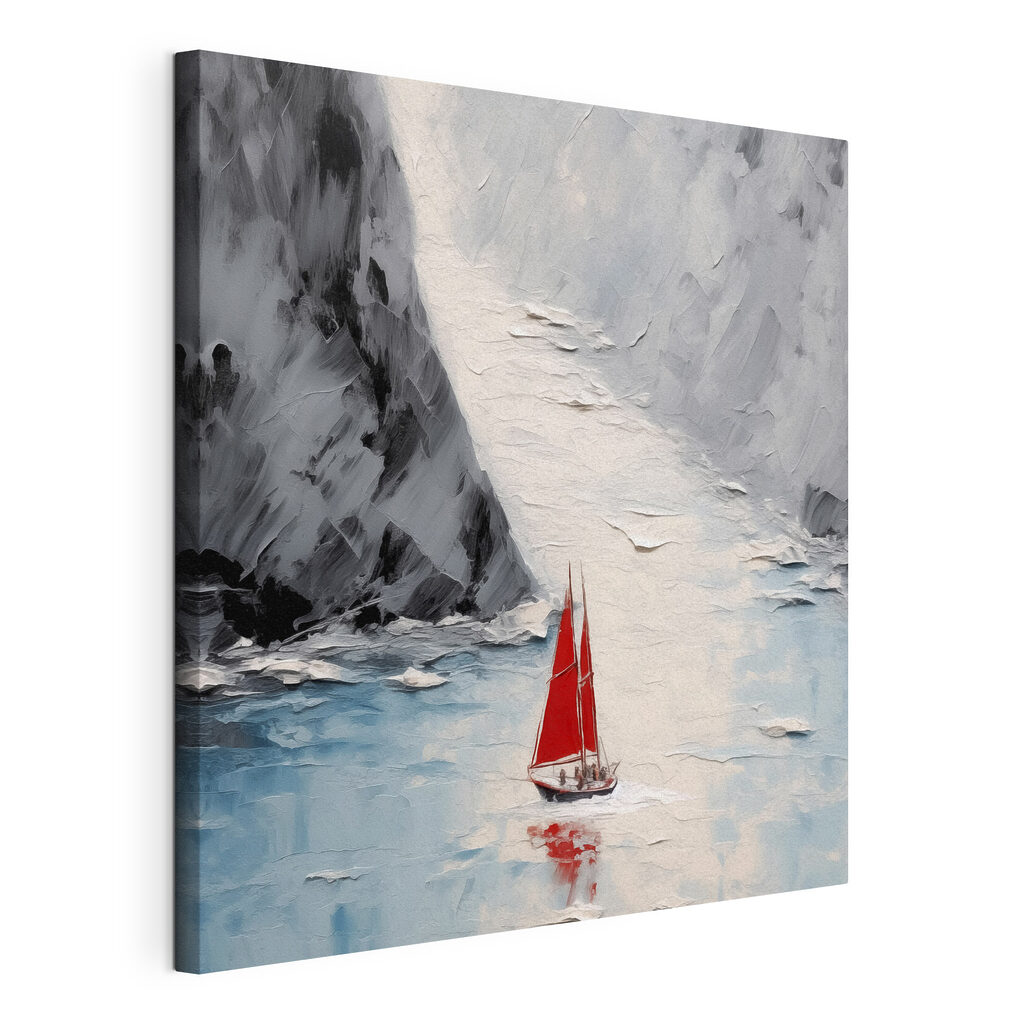A painting of a sailboat in a body of water