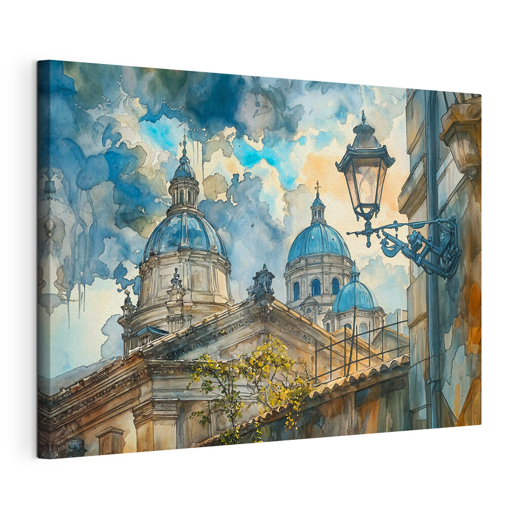 A watercolor painting of a building with domes and a street light