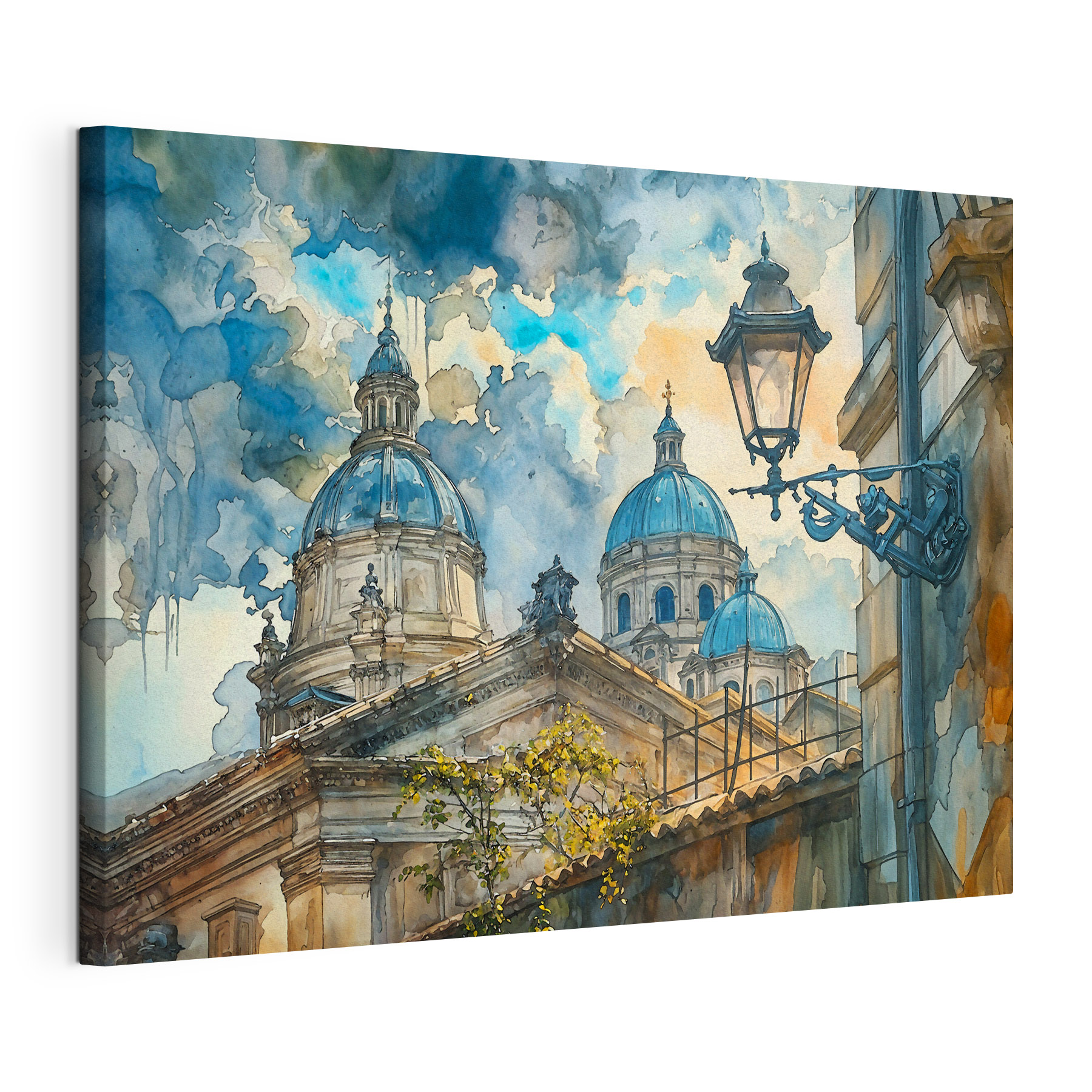 A watercolor painting of a building with domes and a street light