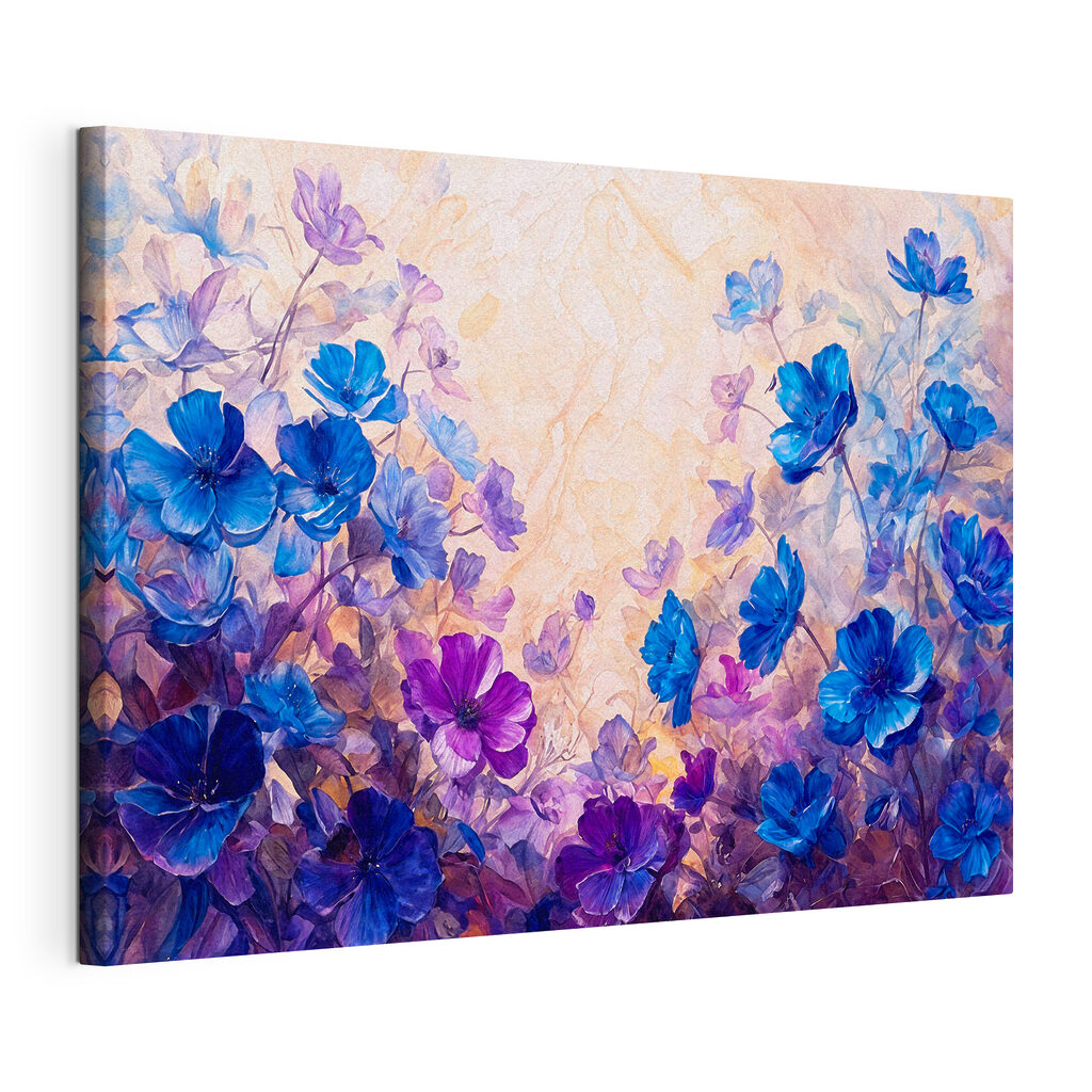 A painting of blue and purple flowers