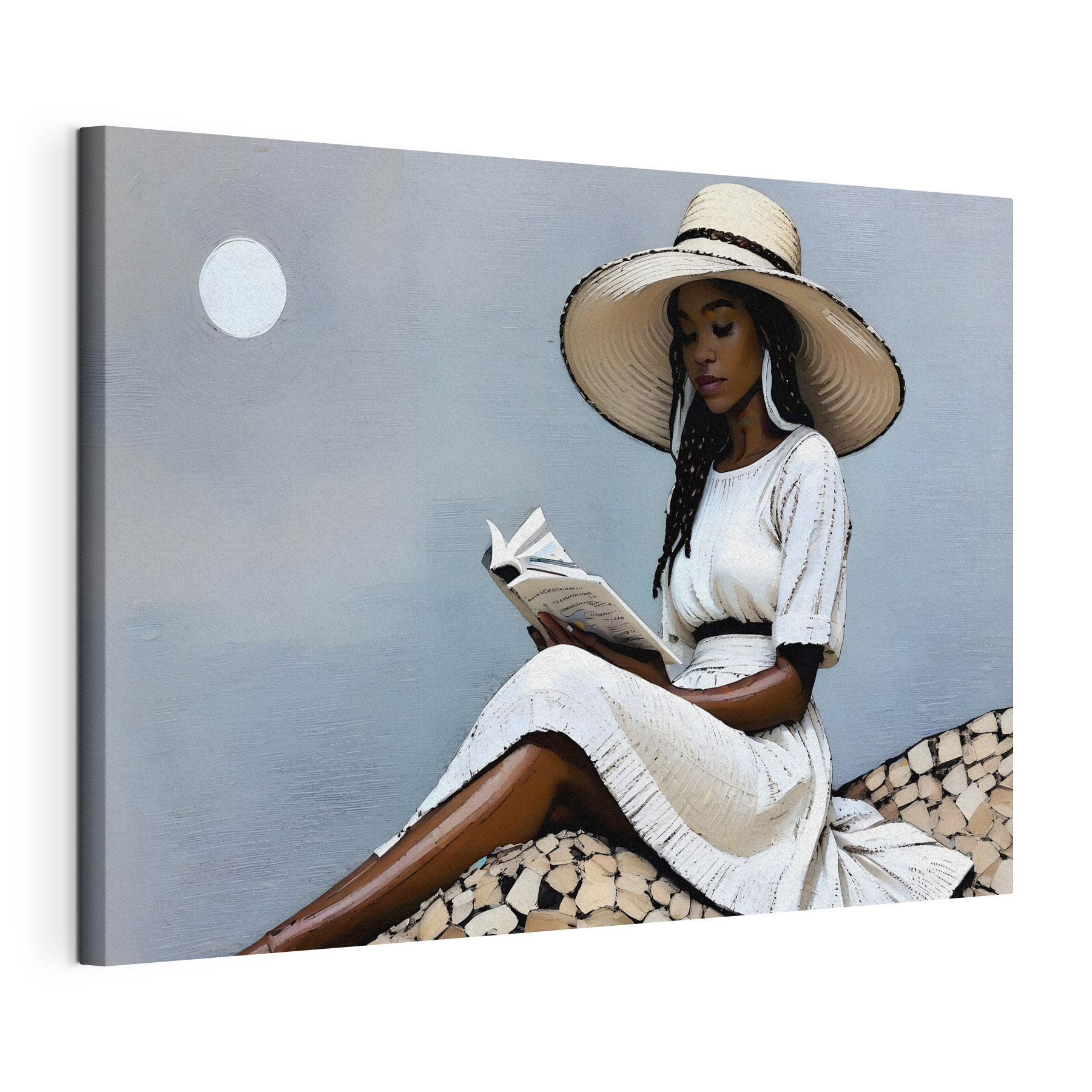 A woman in a white dress and hat reading a book A woman in a white dress and hat reading a book