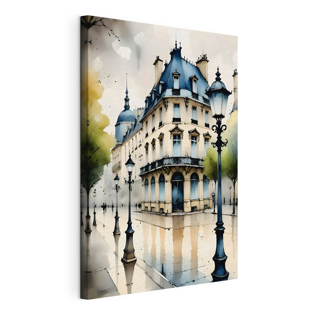 A painting of a building with a blue roof