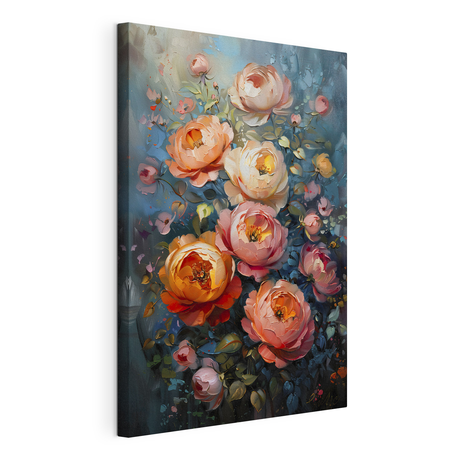 A painting of flowers on a blue background A painting of flowers on a blue background