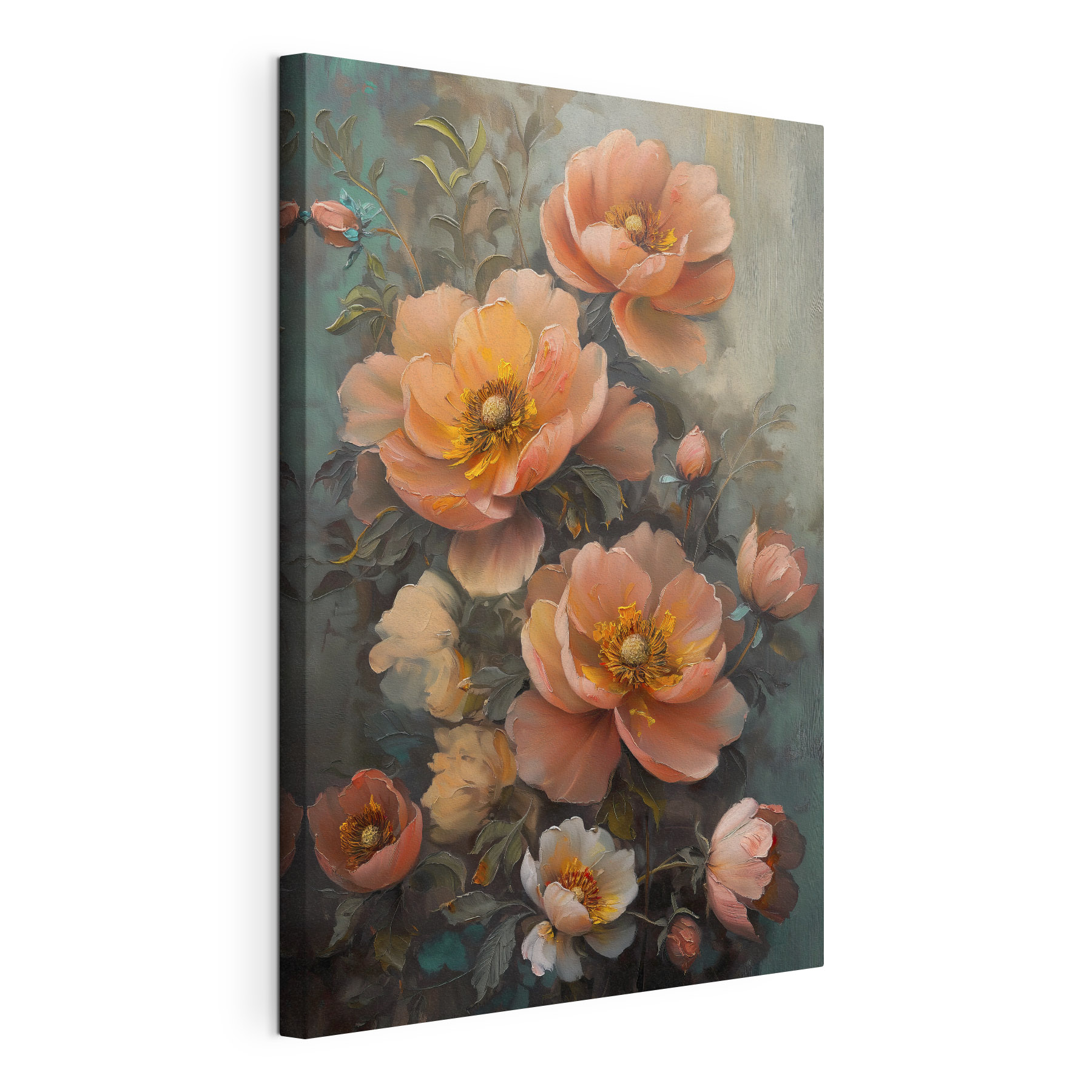 A painting of flowers on a blue background