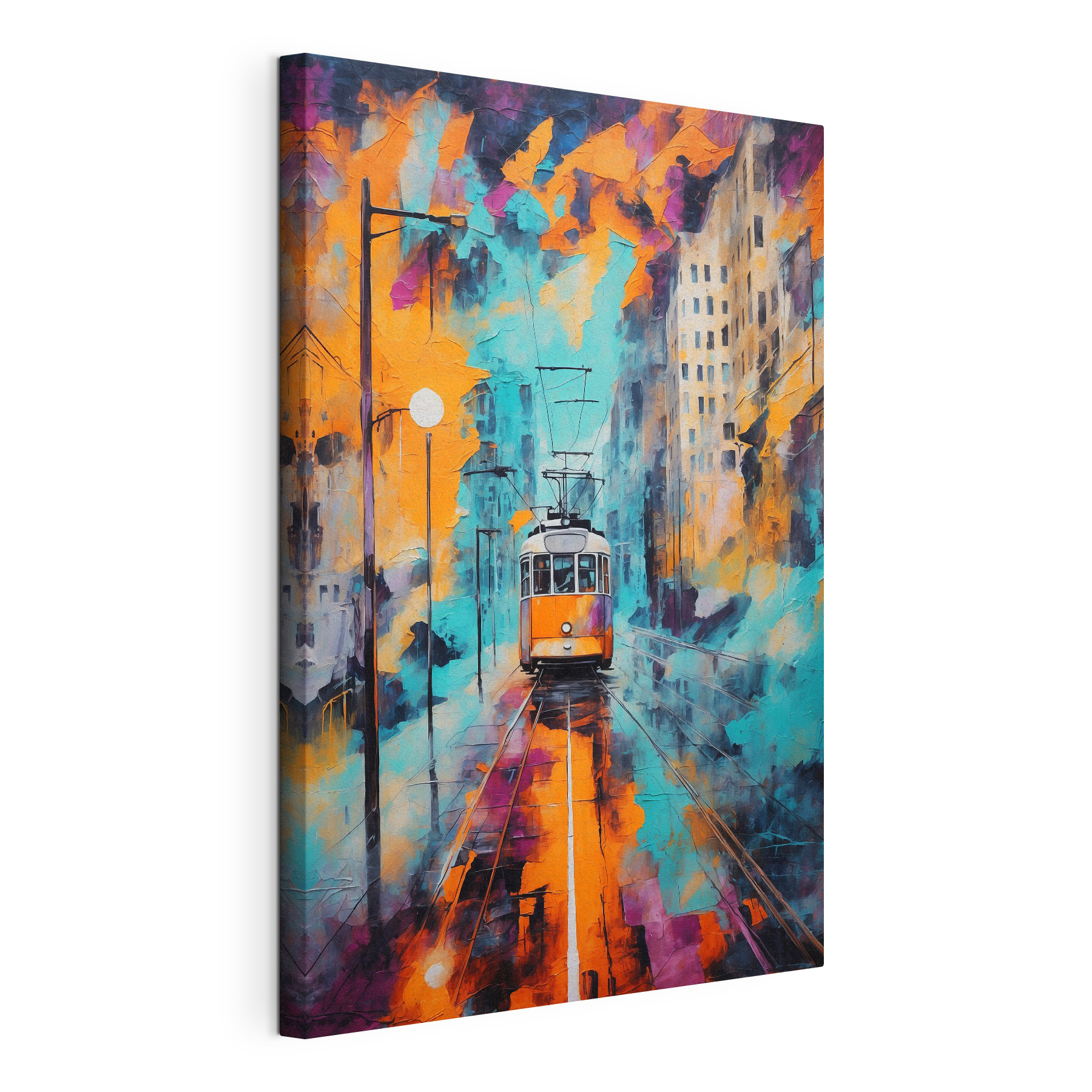 A painting of a trolley on a street