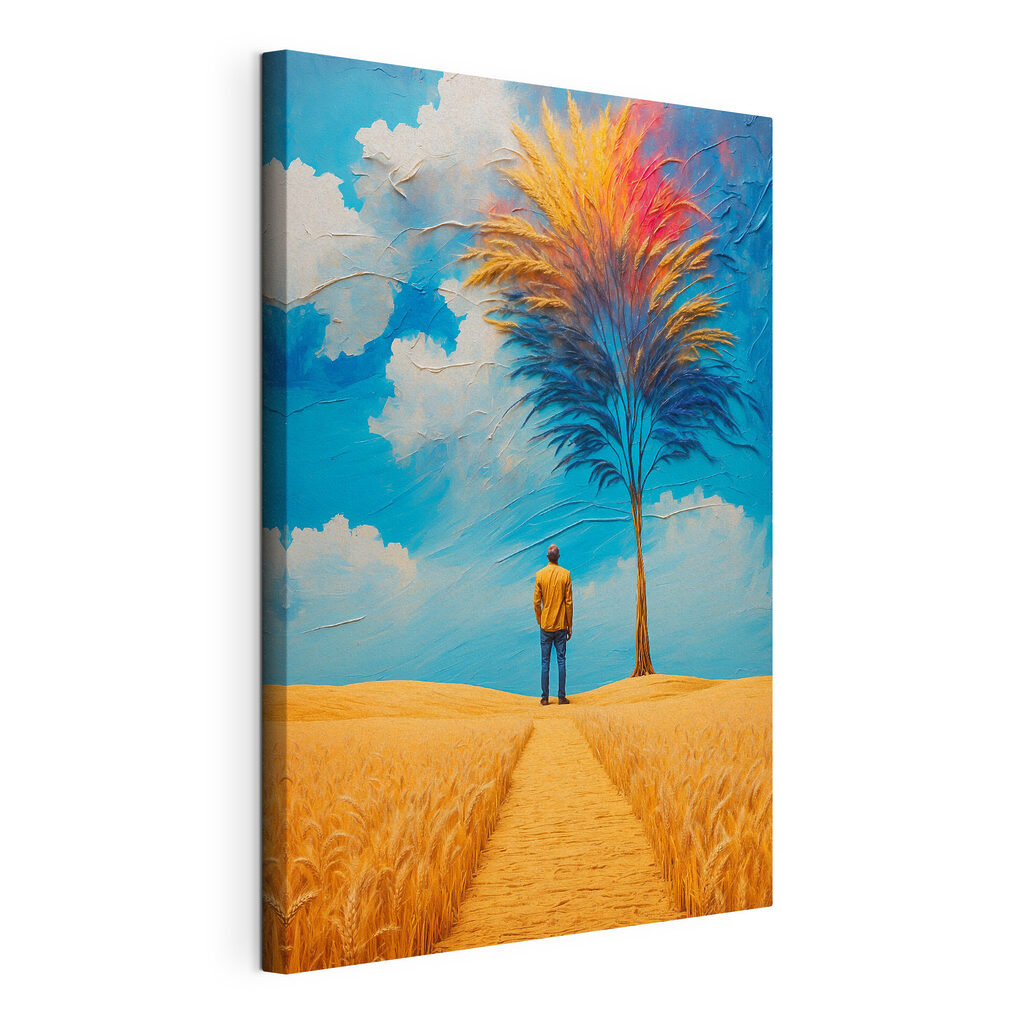 A man standing in a field with a tree and blue sky