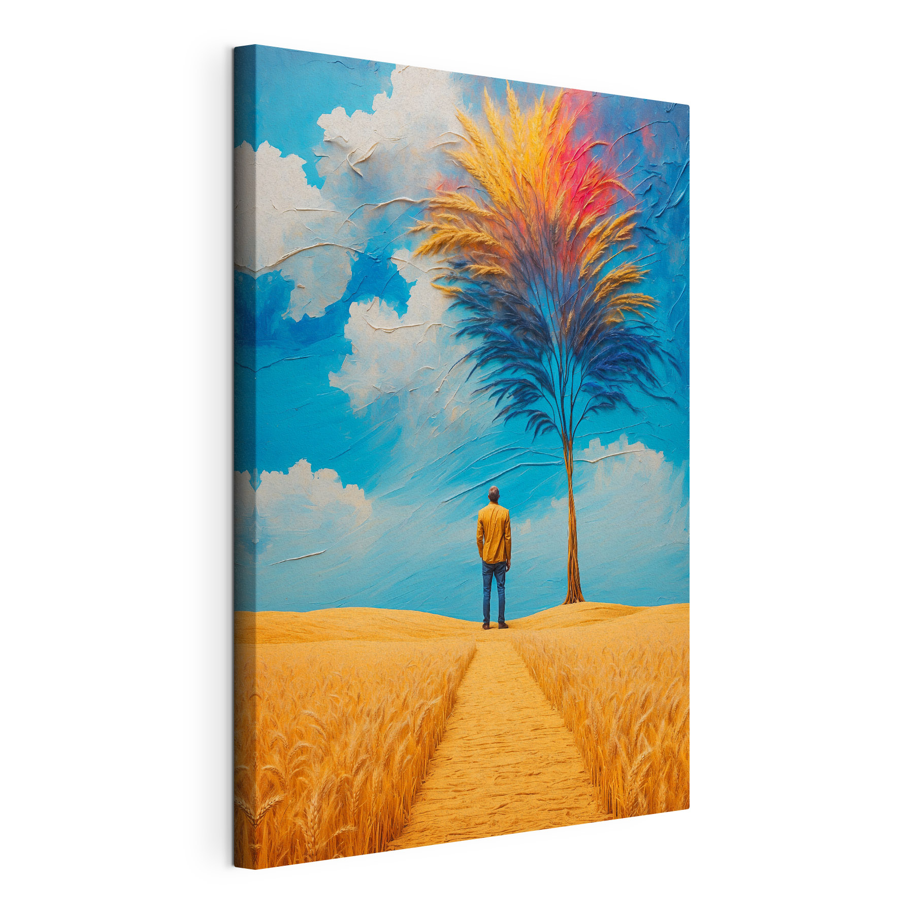 A man standing in a field with a tree and blue sky