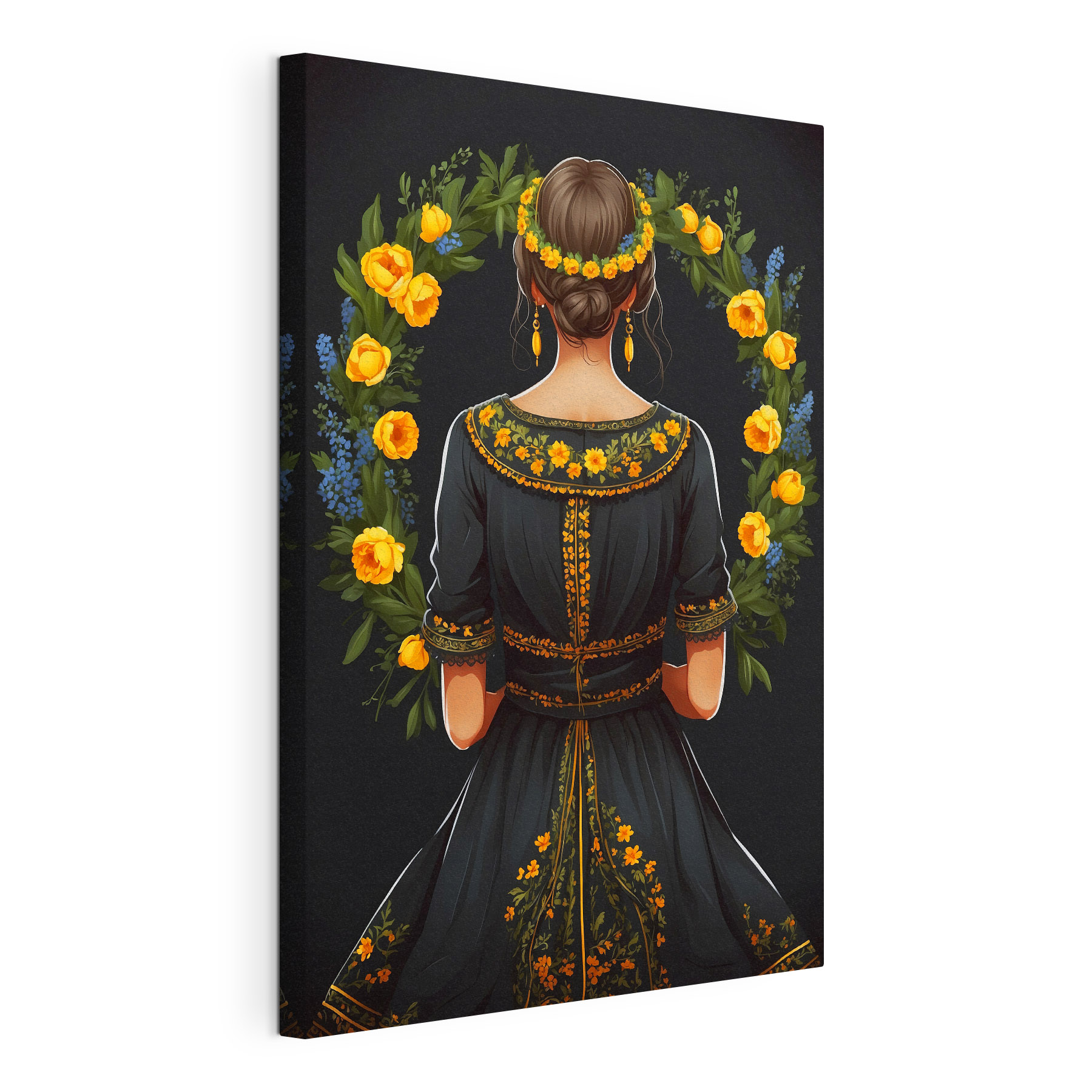 A woman in a black dress with yellow flowers around her neck A woman in a black dress with yellow flowers around her neck