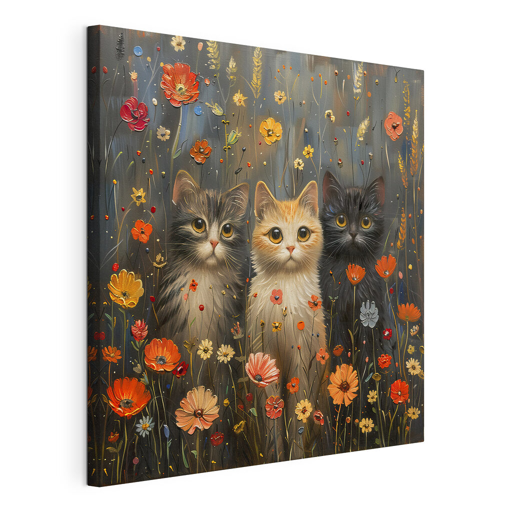 A painting of cats in a field of flowers A painting of cats in a field of flowers