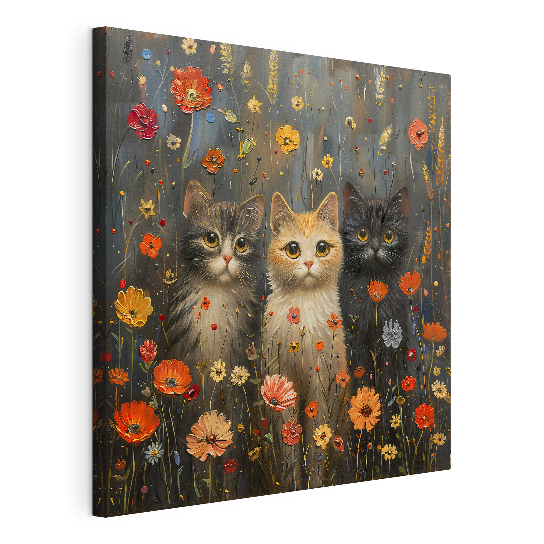 A painting of cats in a field of flowers A painting of cats in a field of flowers