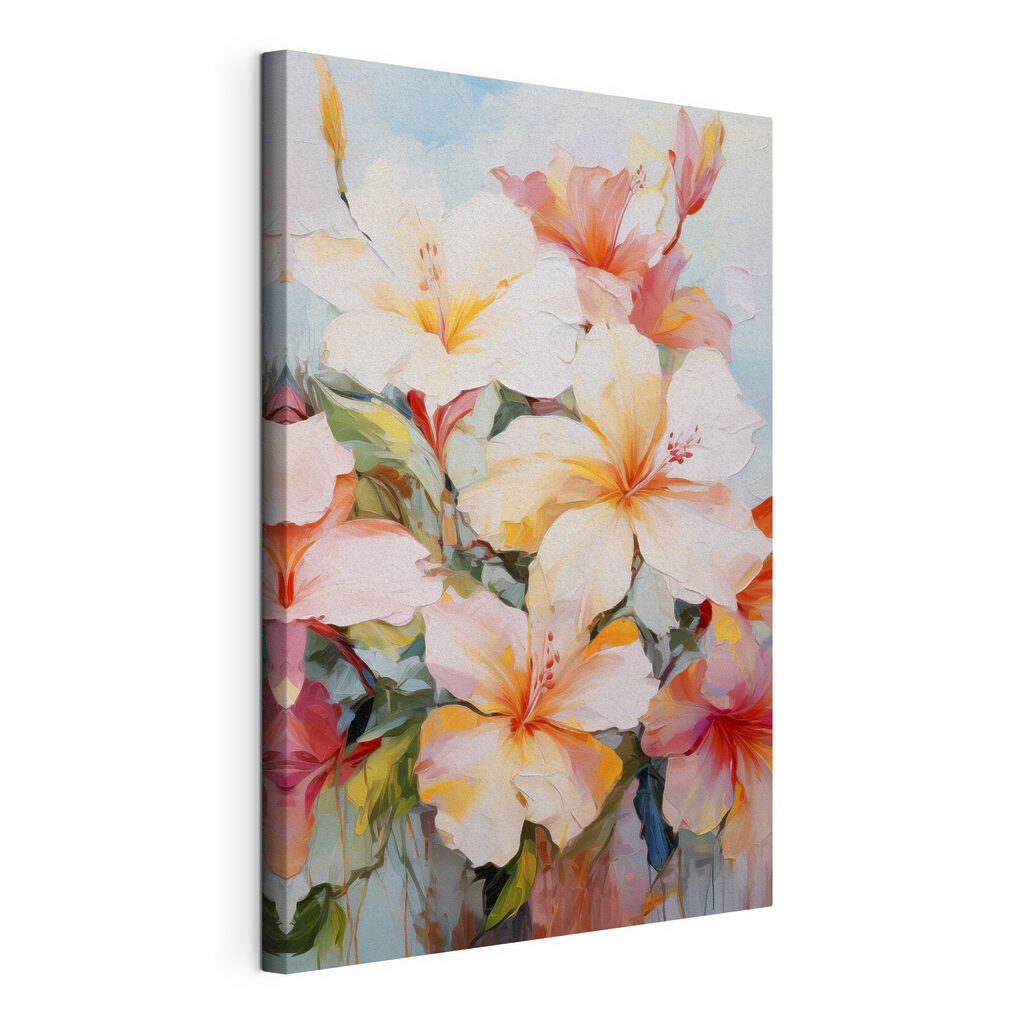 A painting of flowers on a blue background