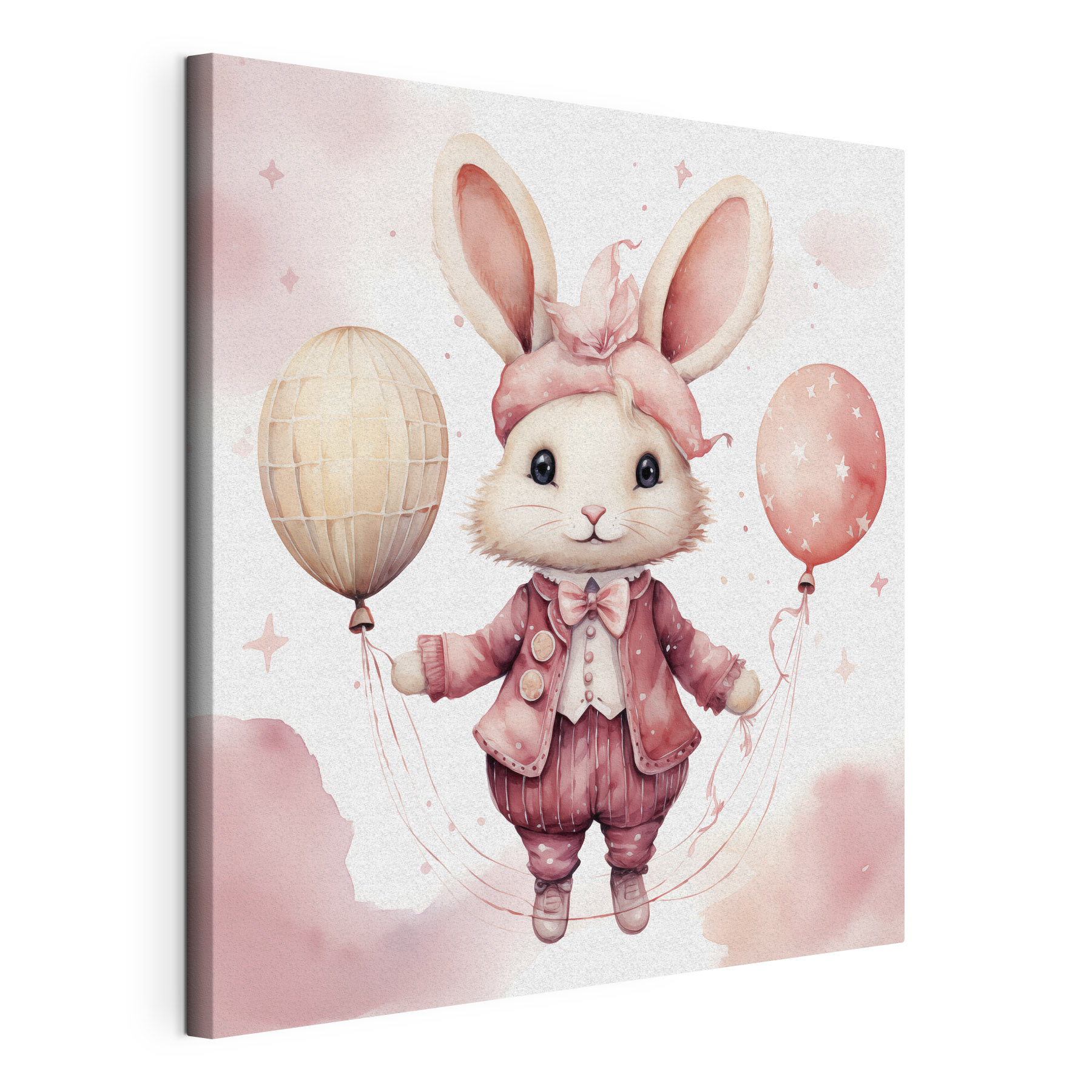 A watercolor of a rabbit holding balloons A watercolor of a rabbit holding balloons