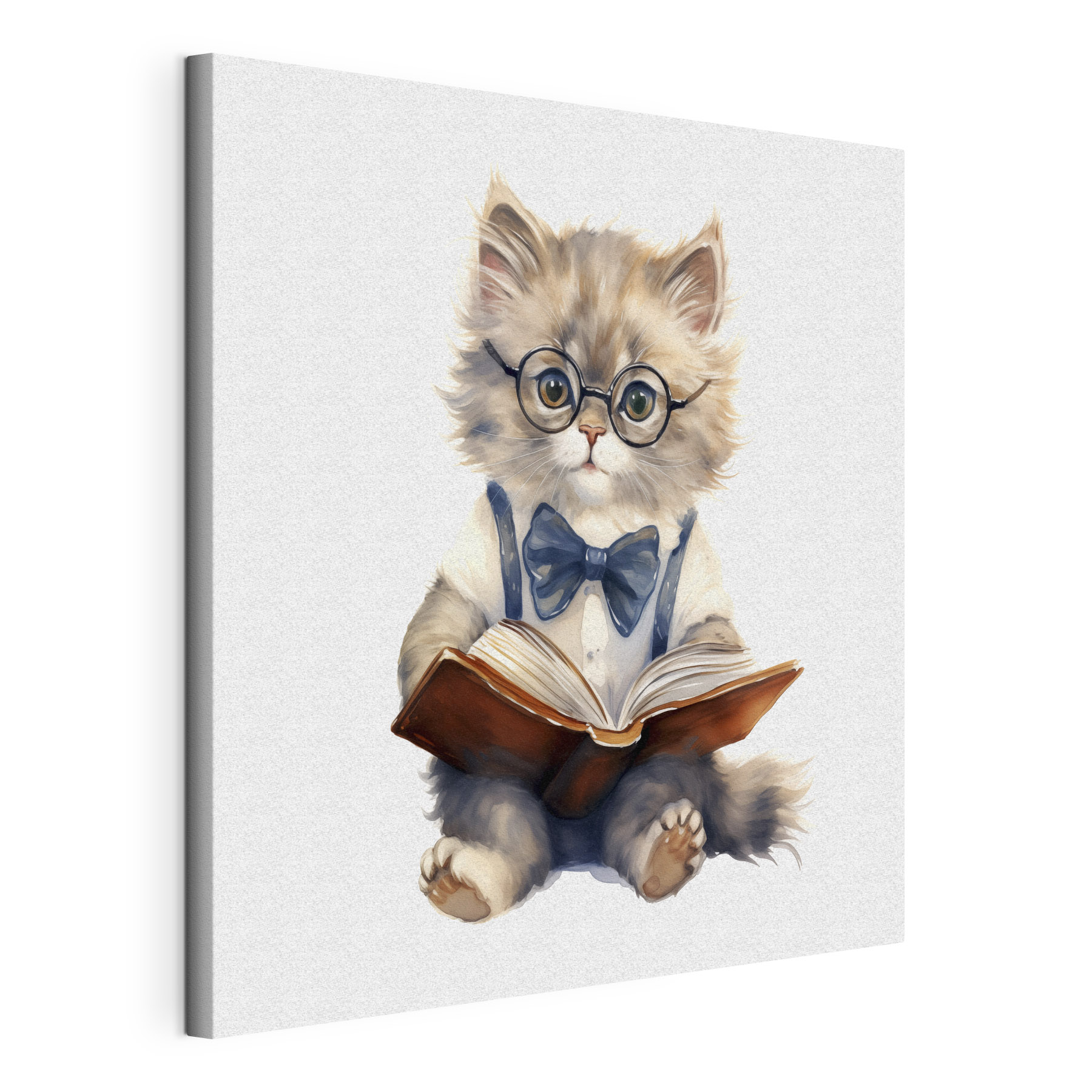A cat wearing glasses and a bow tie reading a book