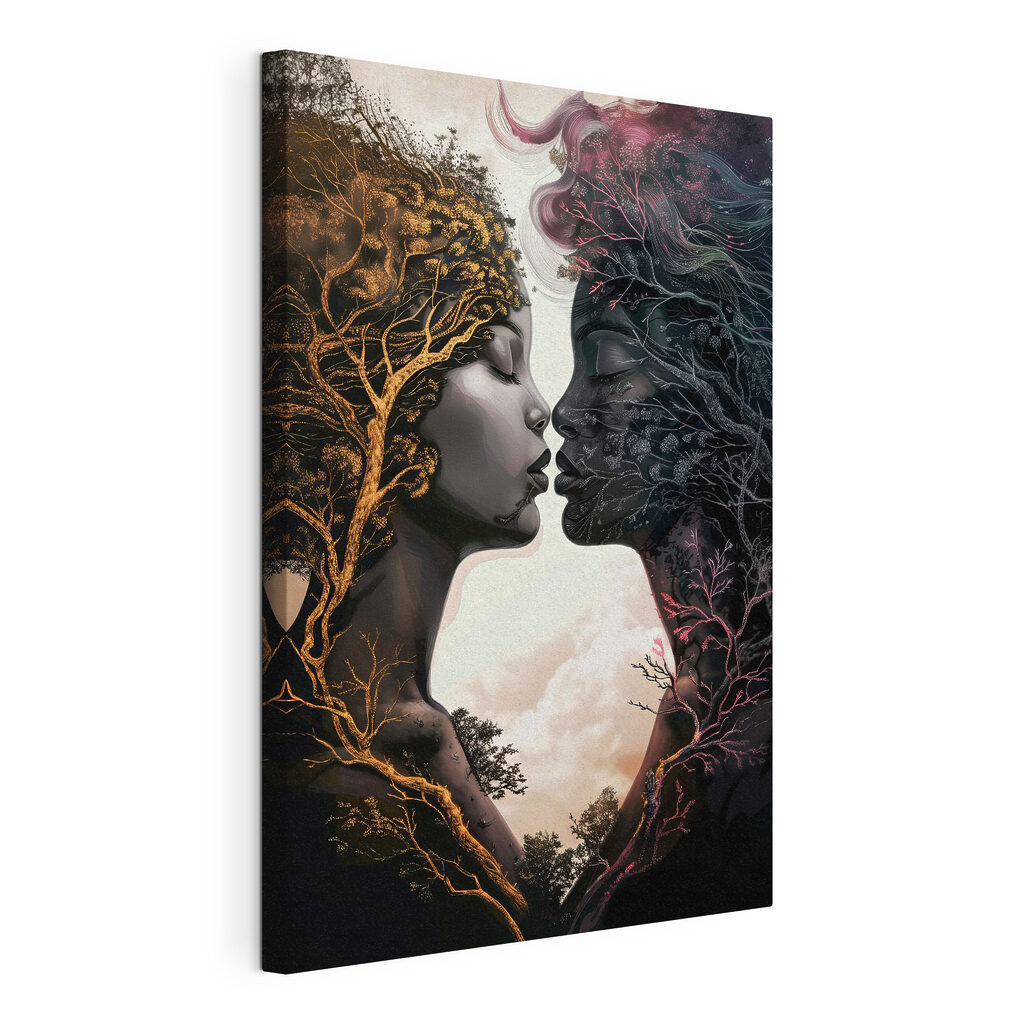 A woman's face with trees and branches