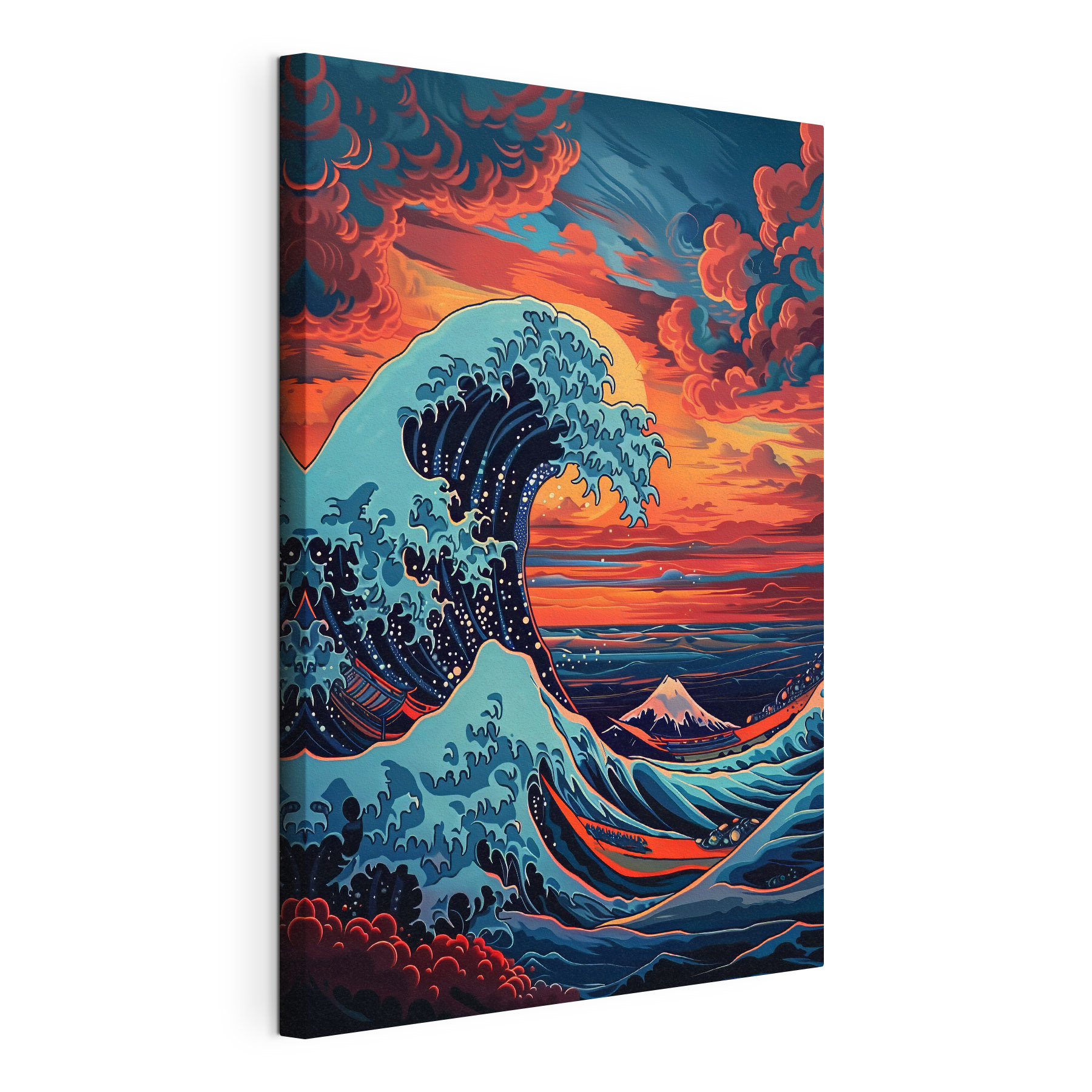 A large wave of water with mountains in the background