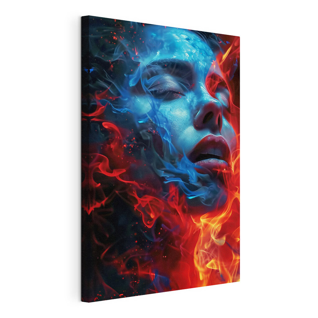 A woman's face with blue and red flames A woman's face with blue and red flames