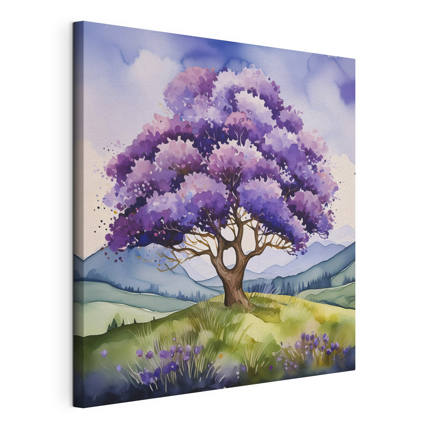 A watercolor of a tree in a field