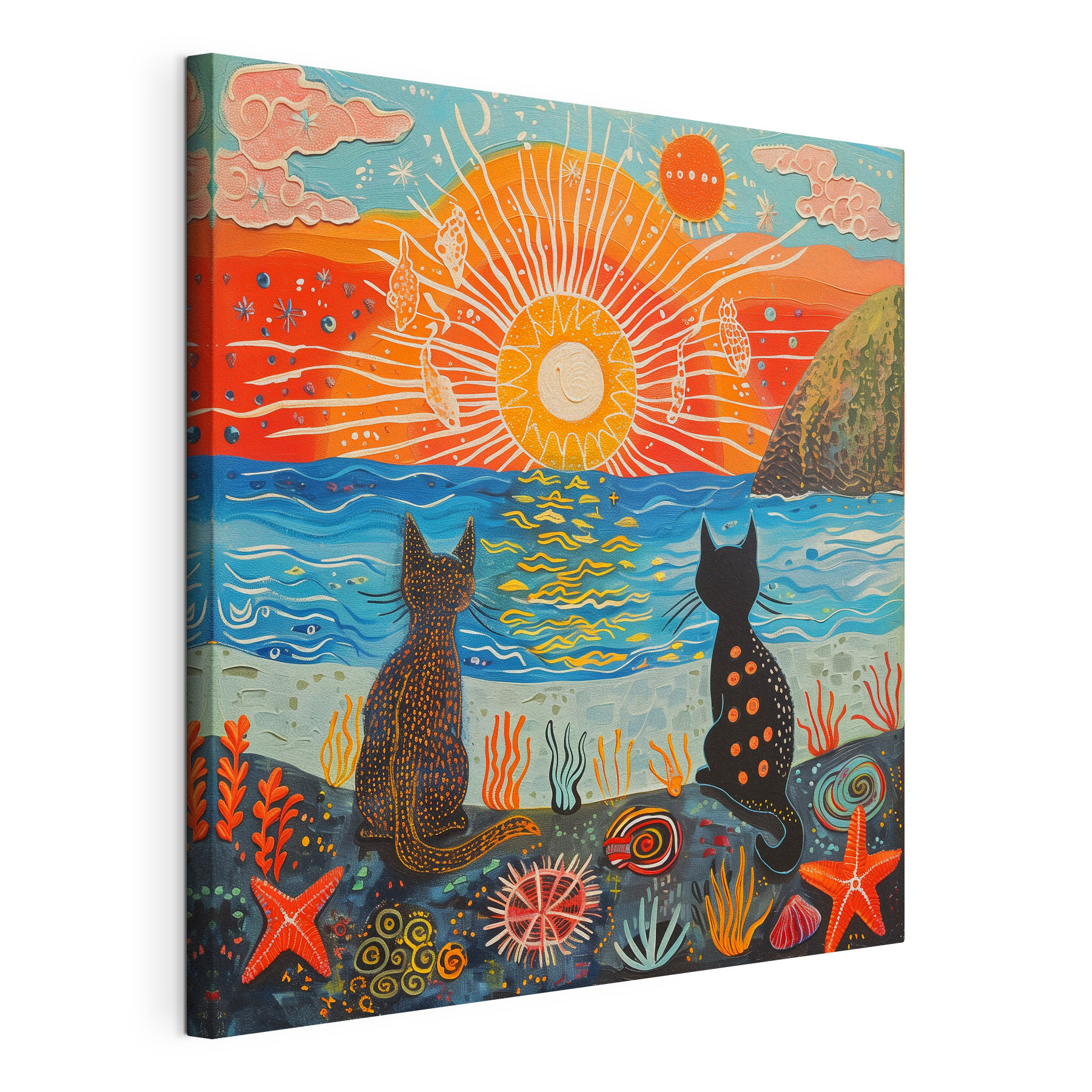 Two cats sitting on a beach looking at the sun Two cats sitting on a beach looking at the sun