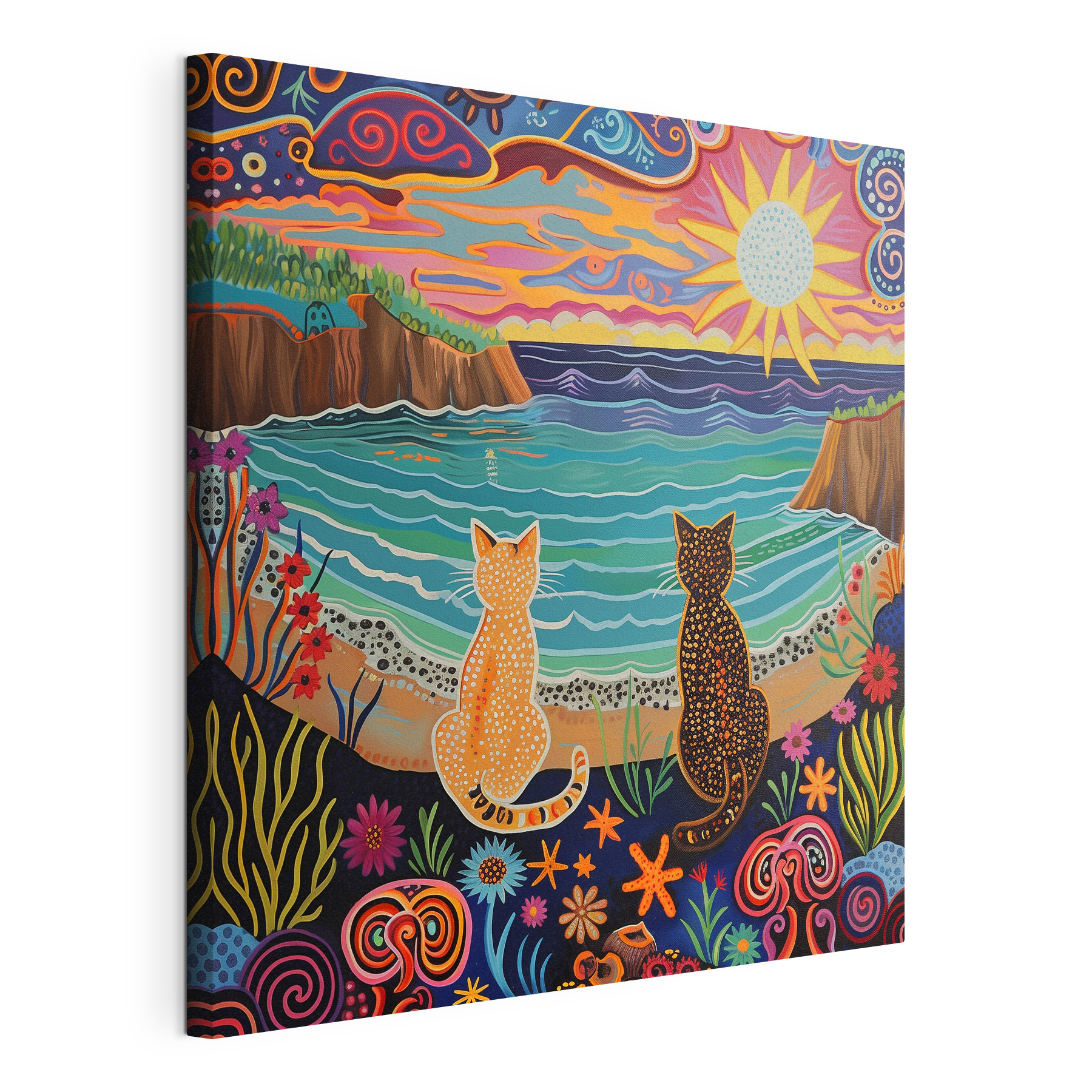 A painting of two cats sitting on a beach