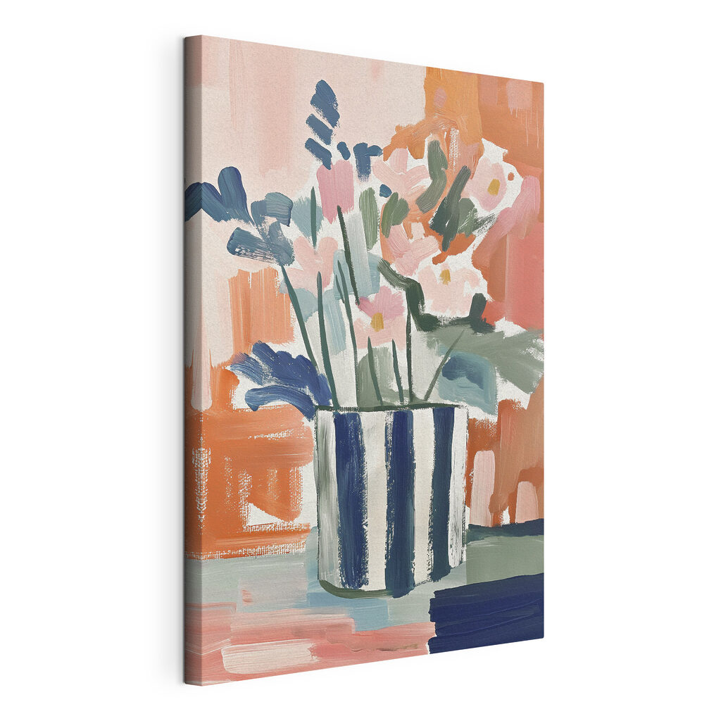A painting of flowers in a striped pot A painting of flowers in a striped pot