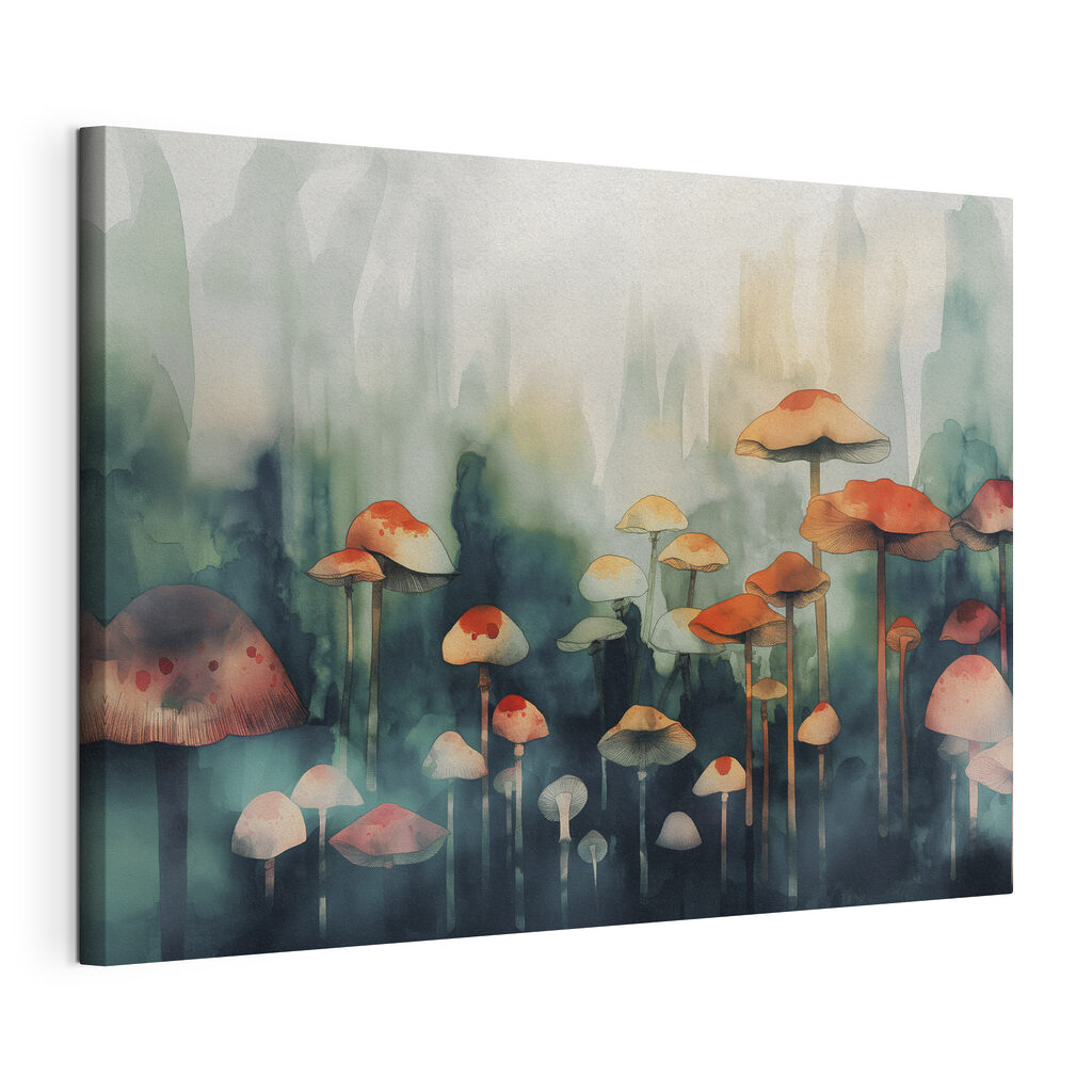 A group of mushrooms in a foggy forest A group of mushrooms in a foggy forest