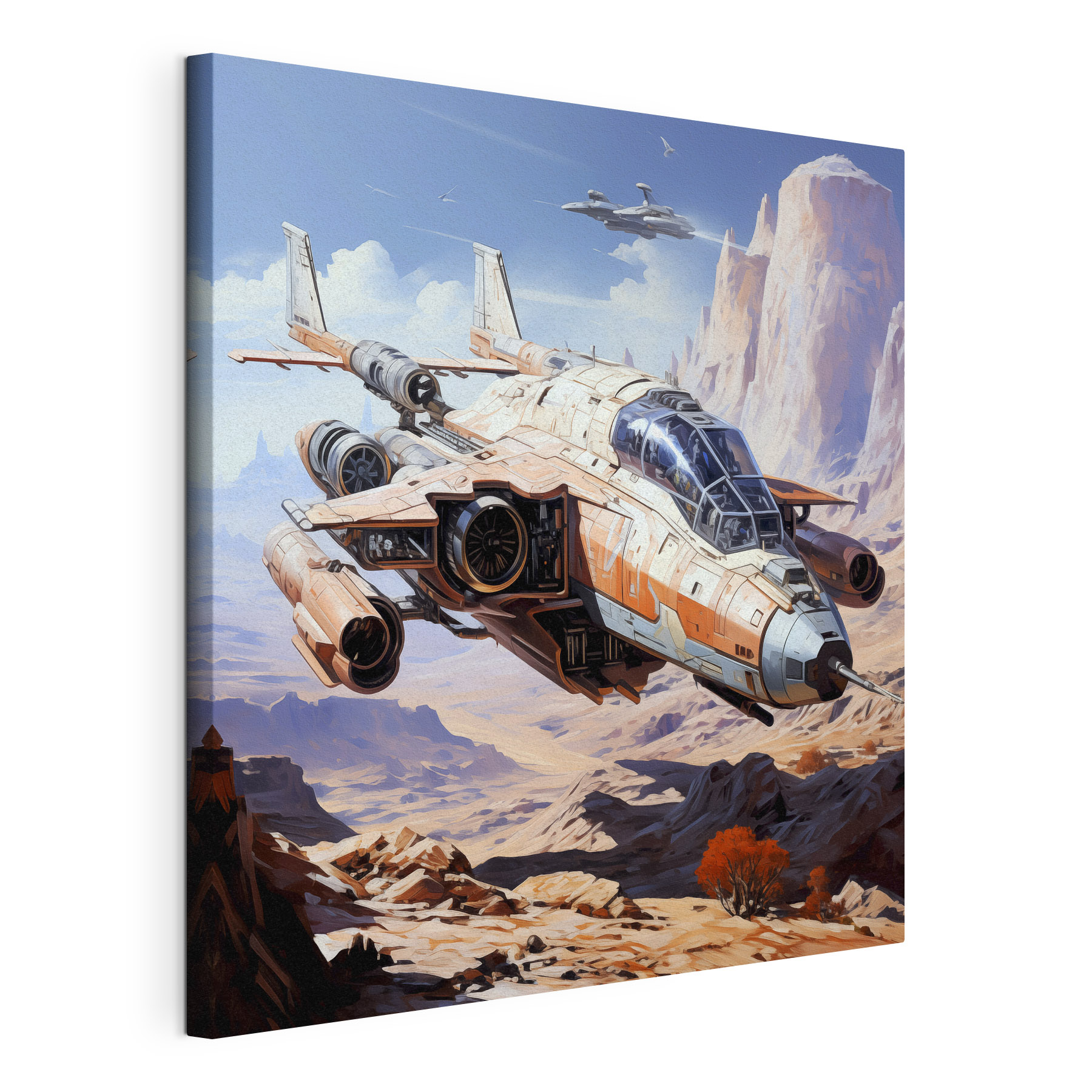 A video game art of a spaceship flying over a desert landscape A video game art of a spaceship flying over a desert landscape