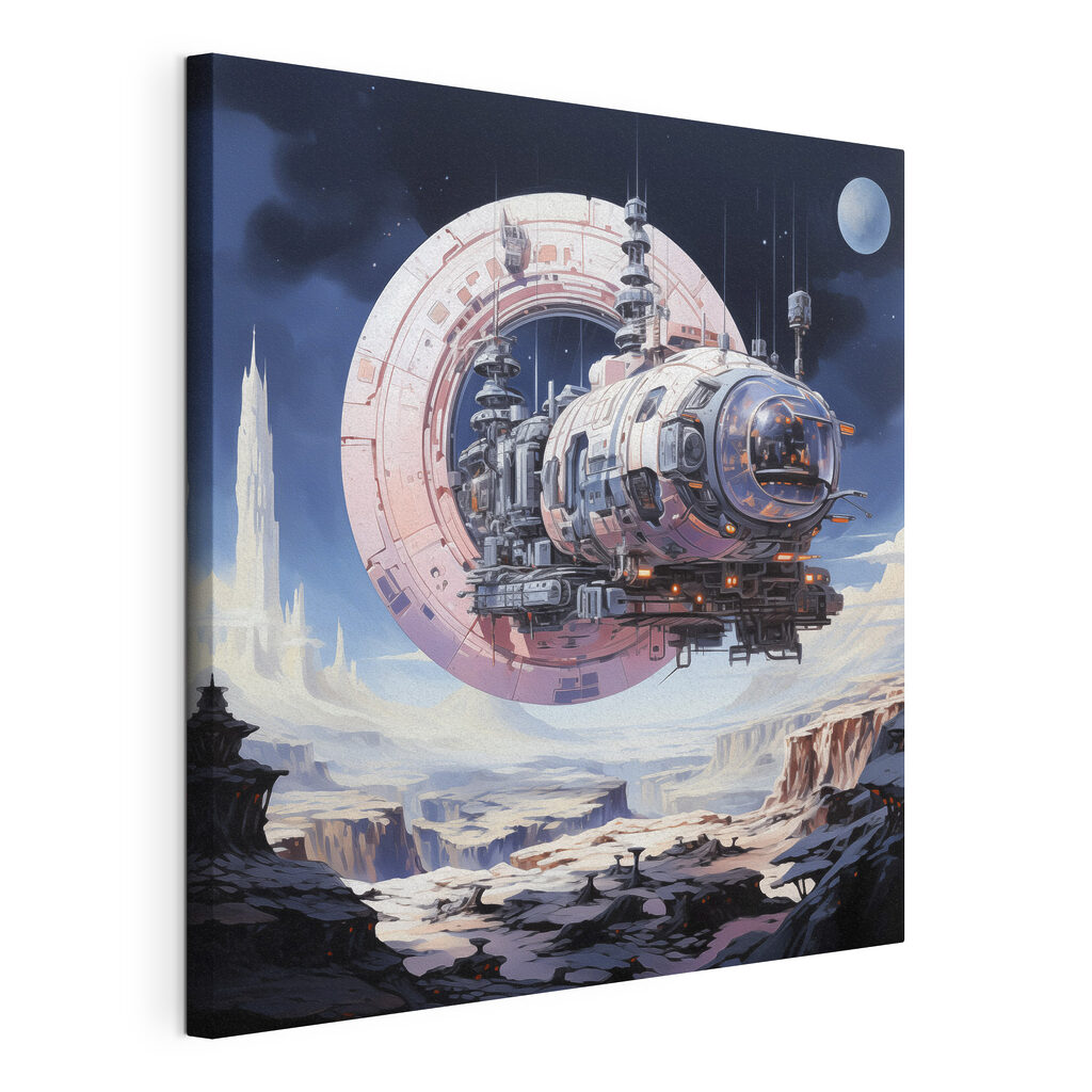 A space ship flying over a canyon