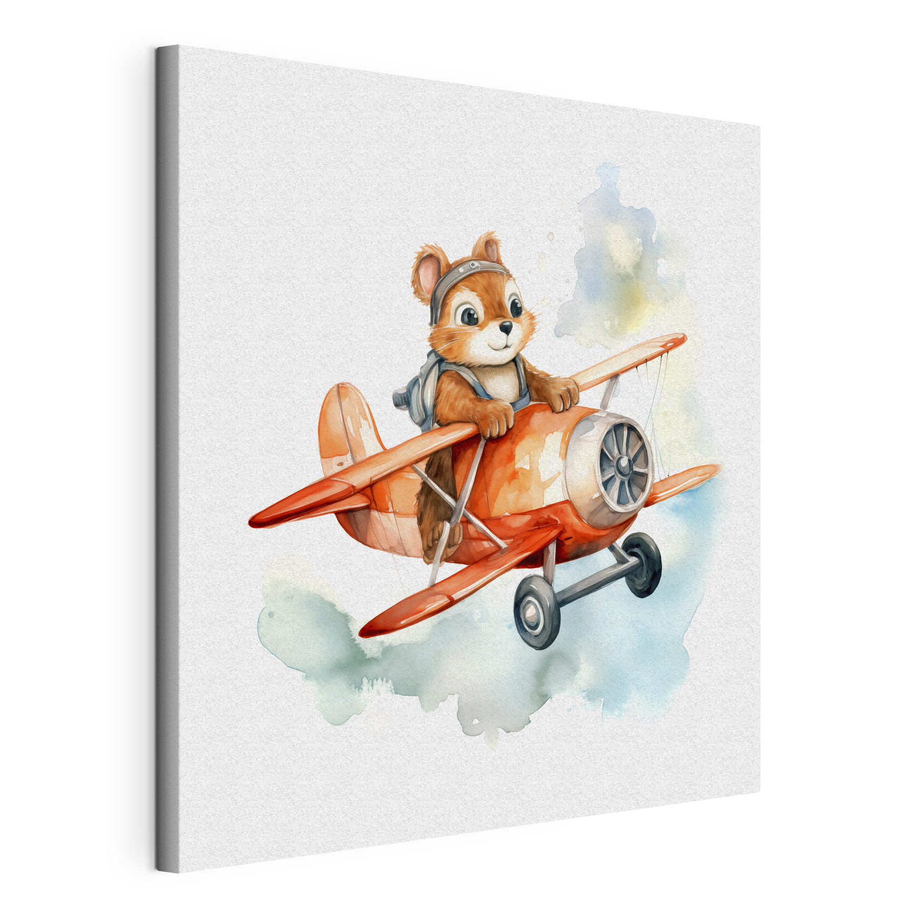 A watercolor of a squirrel flying on an airplane A watercolor of a squirrel flying on an airplane