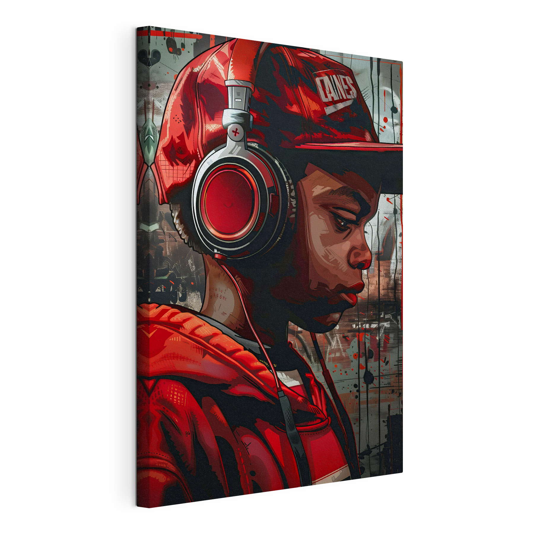 A boy wearing headphones and red hat