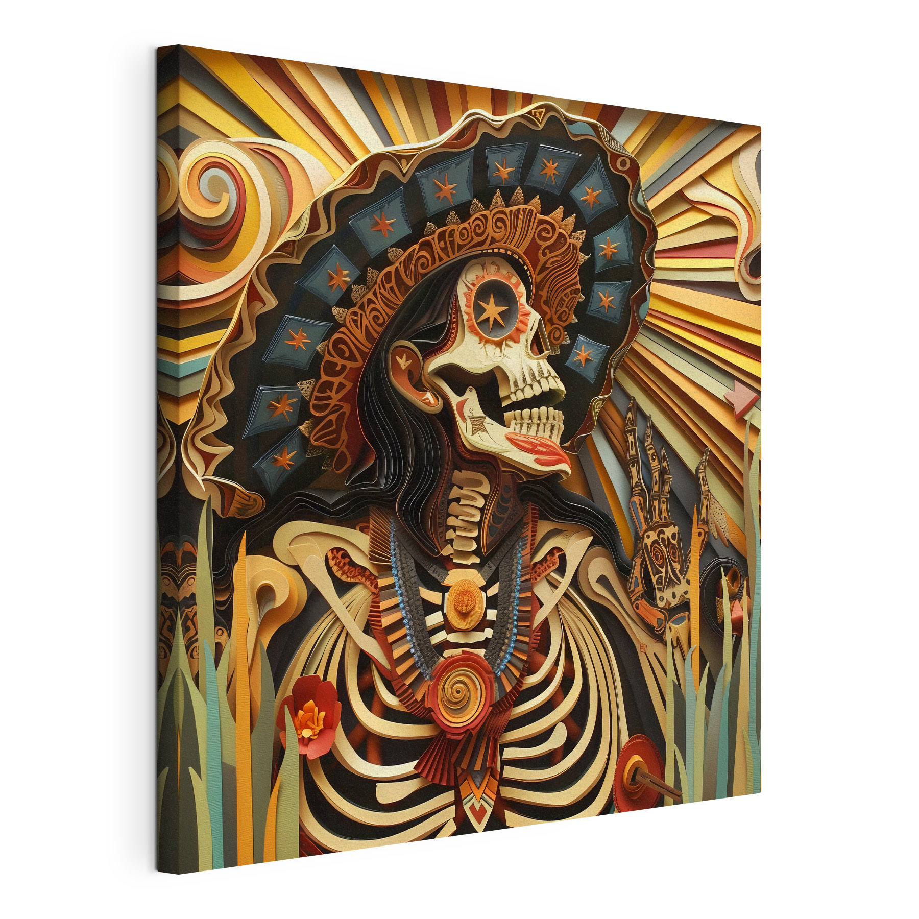 A skeleton with a hat and flowers
