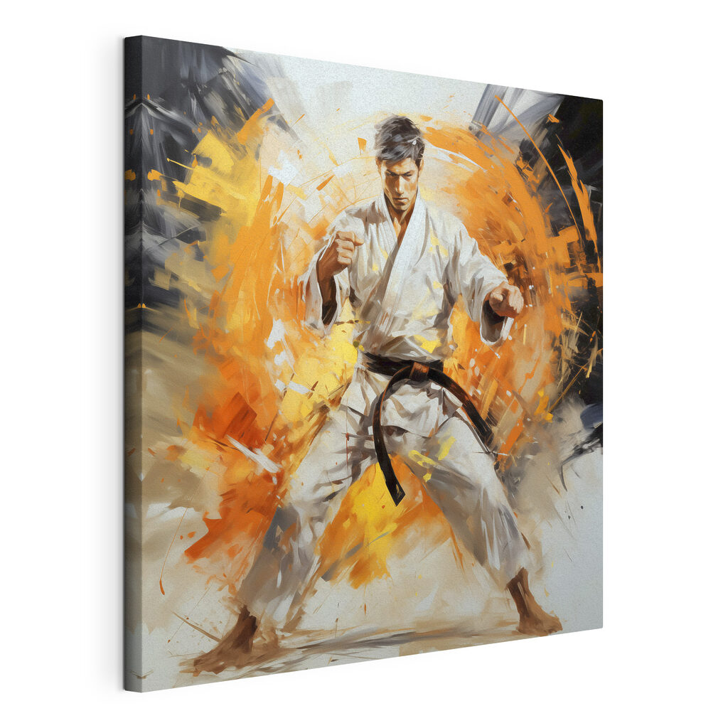A man in a white kimono with orange splashes